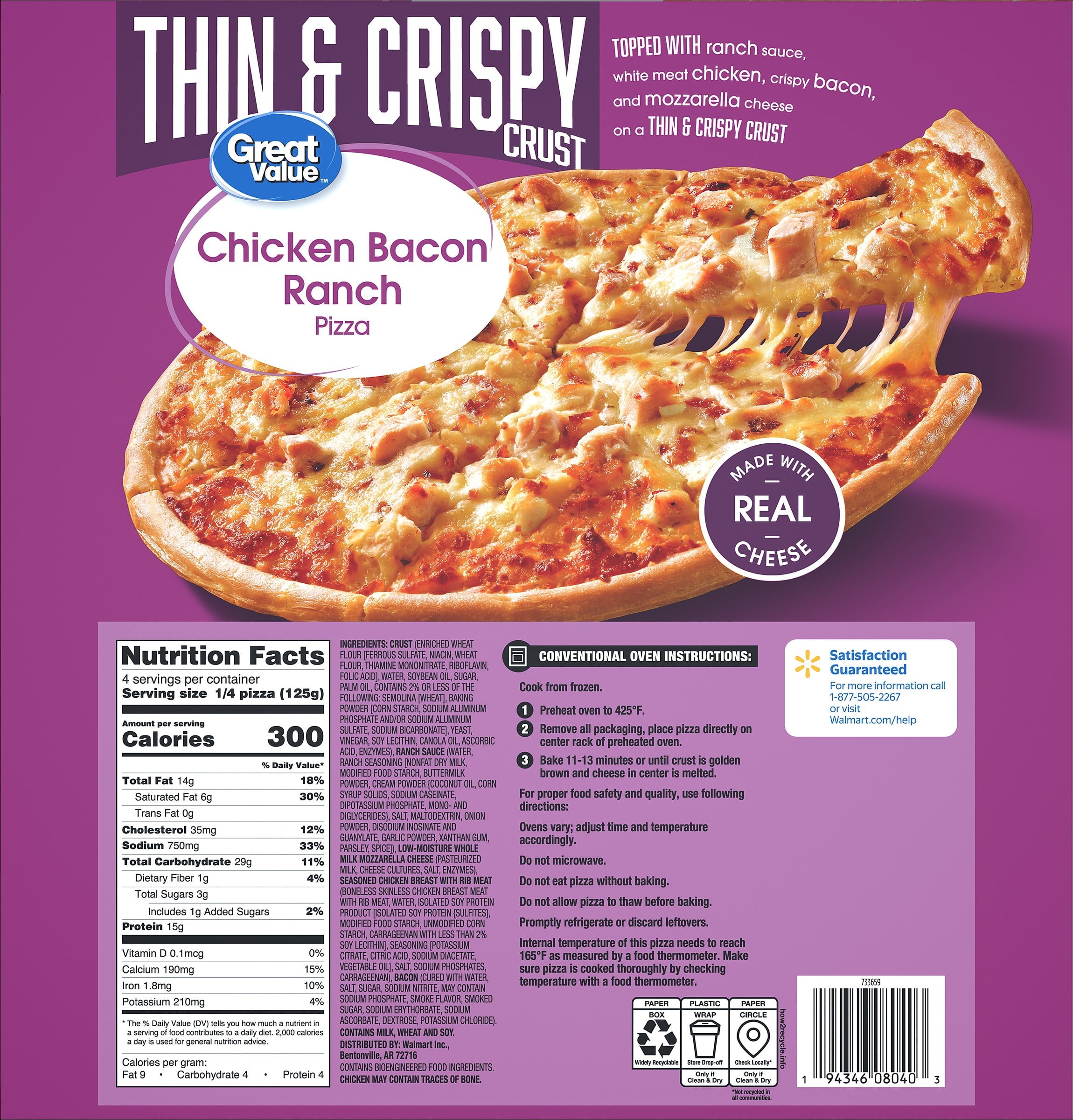 Great Value Thin Crust Chicken Bacon Ranch Frozen Pizza 17.55 Oz