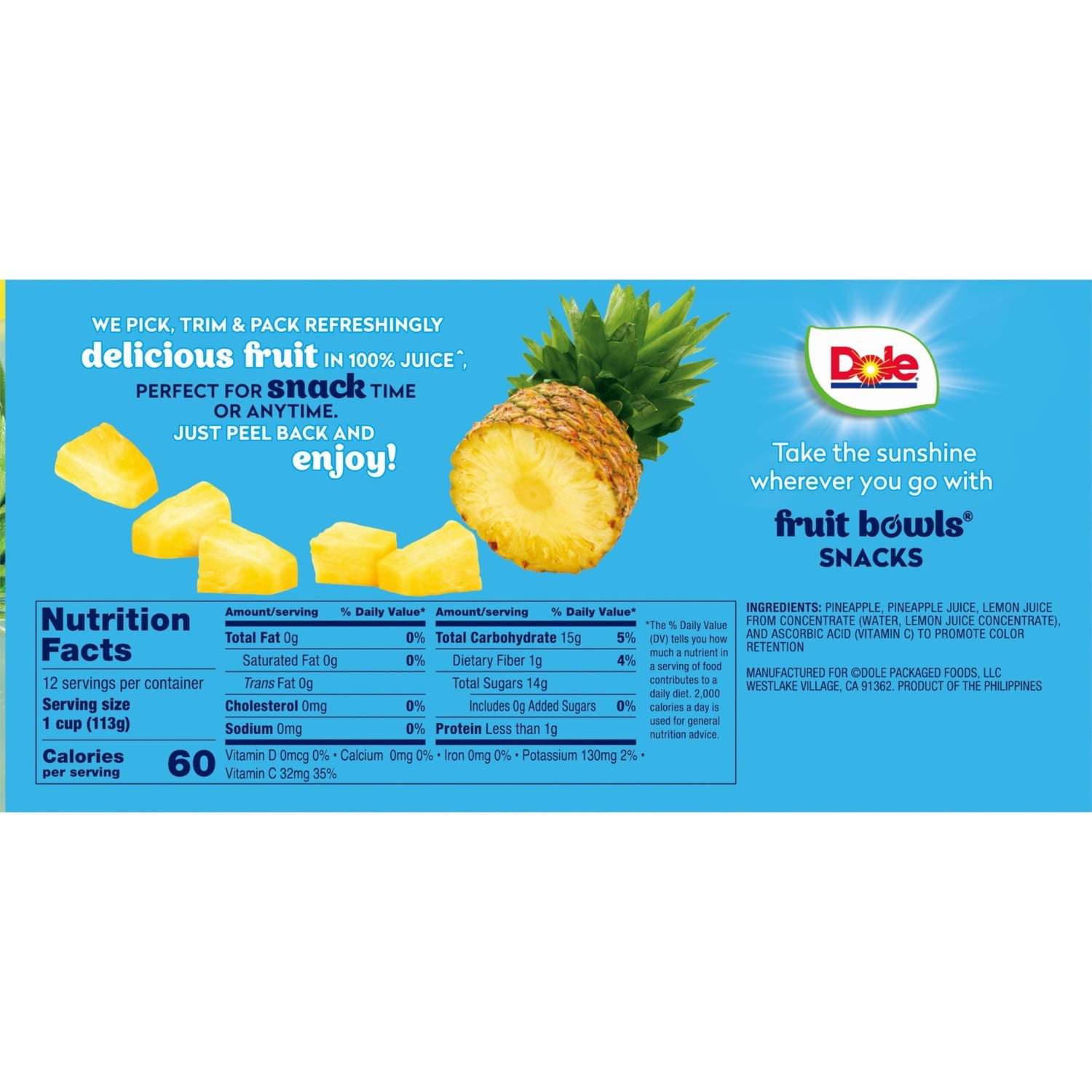 Dole Fruit Bowls Pineapple Paradise Tidbits in 100% Fruit Juice 4 oz Cups 12 Pack