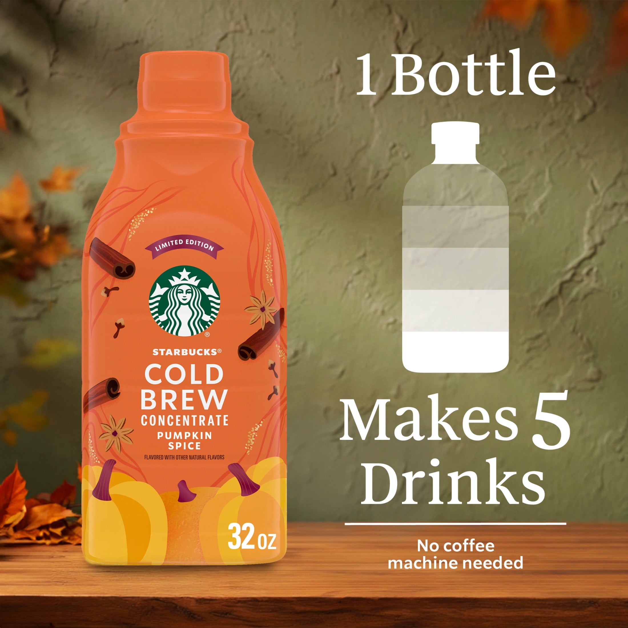 Starbucks Pumpkin Spice Naturally Caffeinated Medium Roast Cold Brew Coffee Concentrate 32 fl oz Bottle