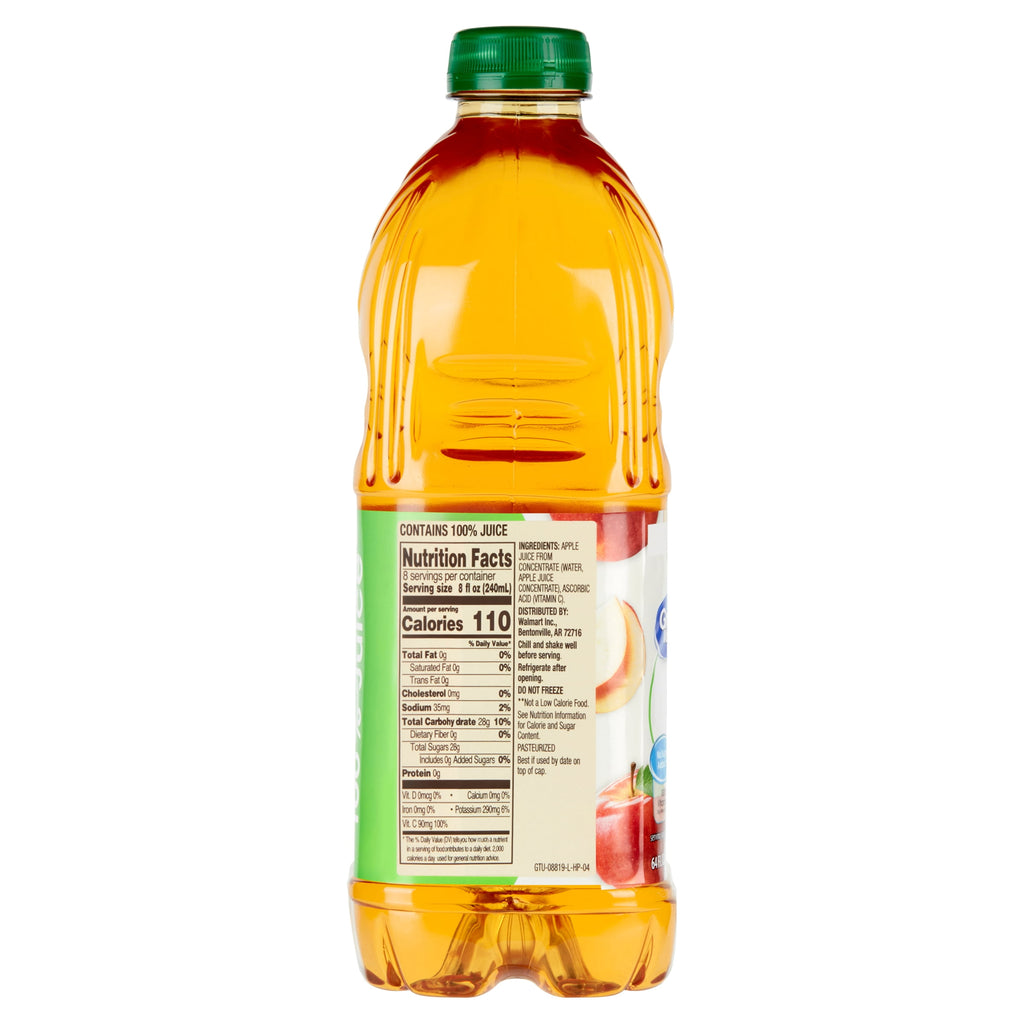 Great Value 100% Apple Juice From Concentrate No Sugar Added Pulp-Free 64 fl oz