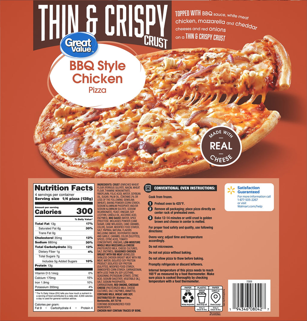 Great Value Thin Crust BBQ Chicken Frozen Pizza 18.1 Oz