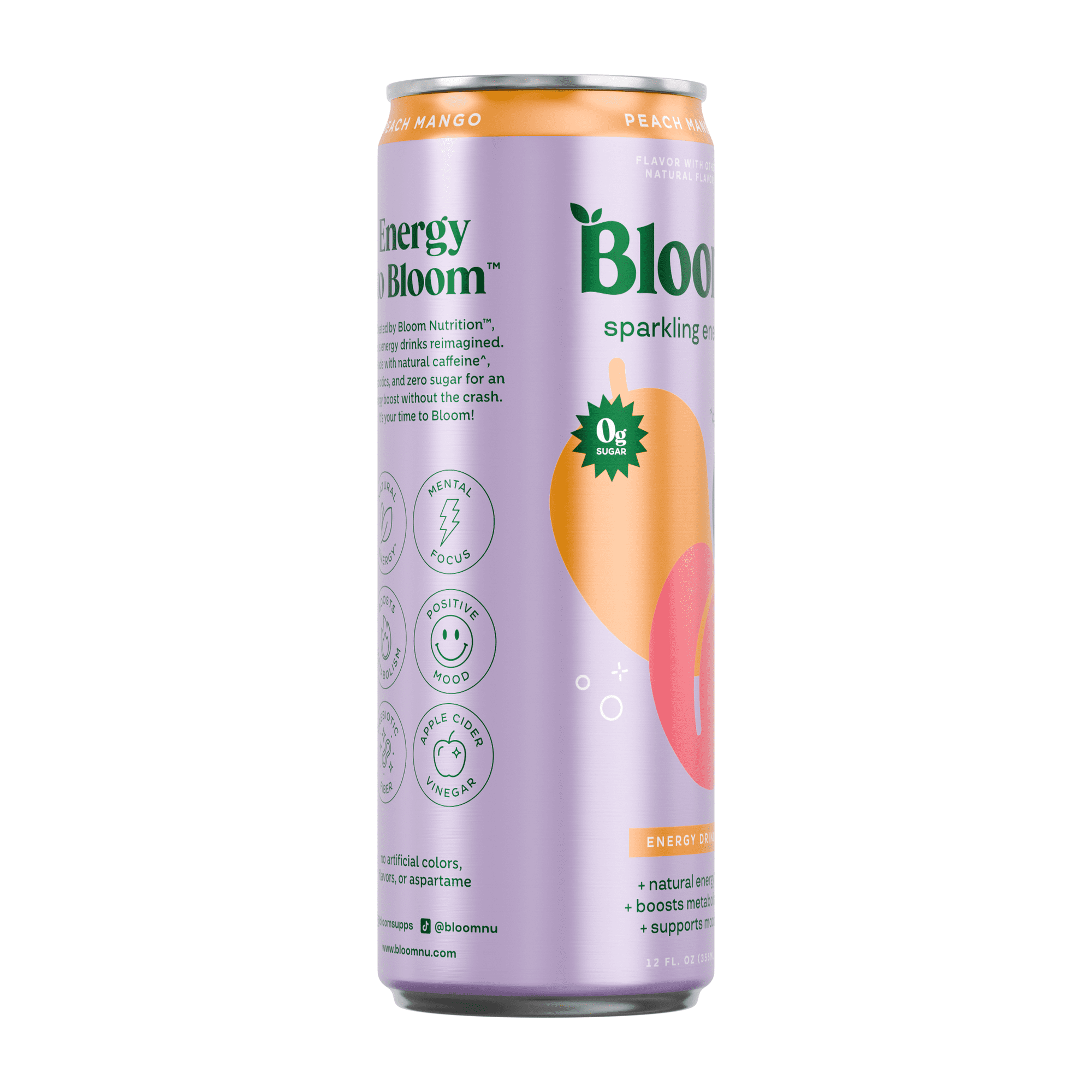 Bloom Nutrition Sparkling Peach Mango Energy Drink 12 fl oz Single Can