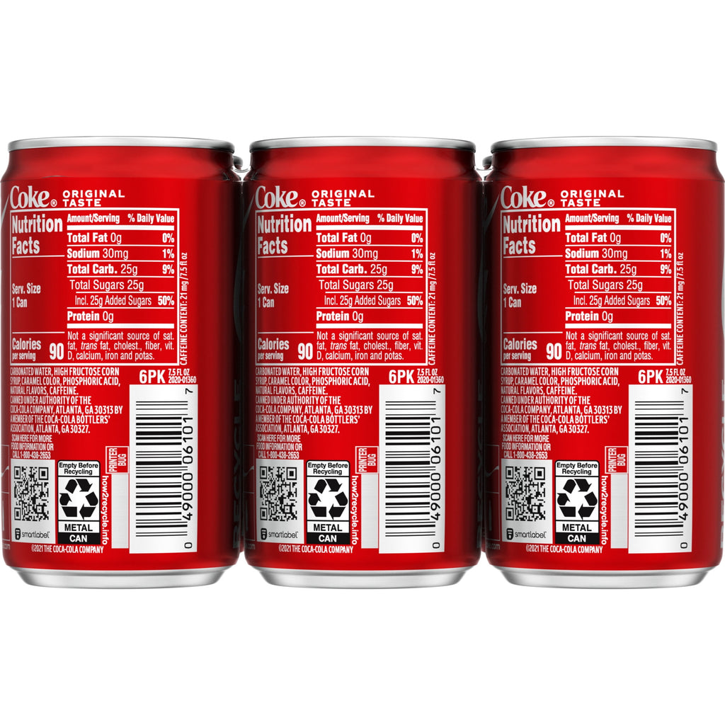 Soda Pop Mini Cans 7.5 Fl Oz 6 Pack Coca-Cola