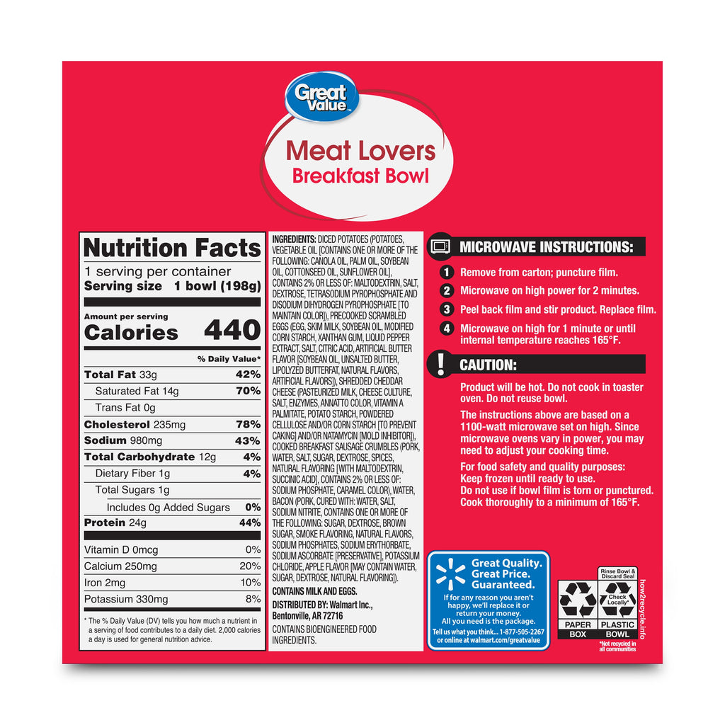 Great Value Meat Lovers Breakfast Bowl 7 Oz Frozen