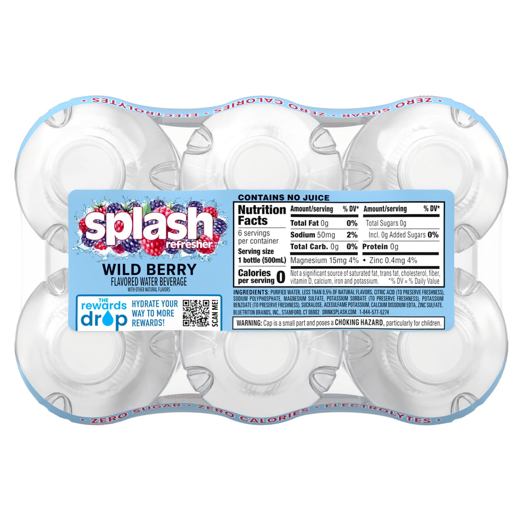 Splash Blast Wild Berry Flavored Water 16.9 fl oz Plastic Bottles 6 Pack