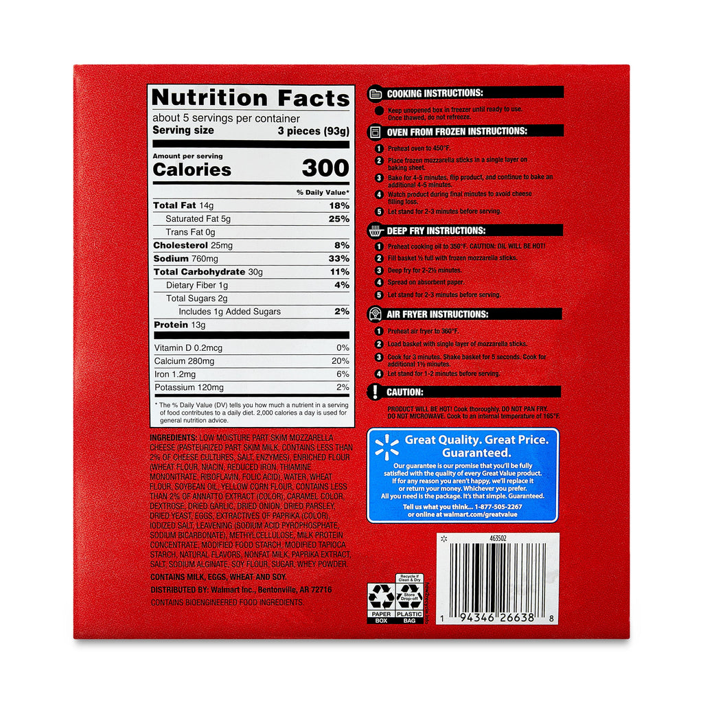 Great Value Mozzarella Cheese Sticks 17.4 Oz Frozen Appetizer
