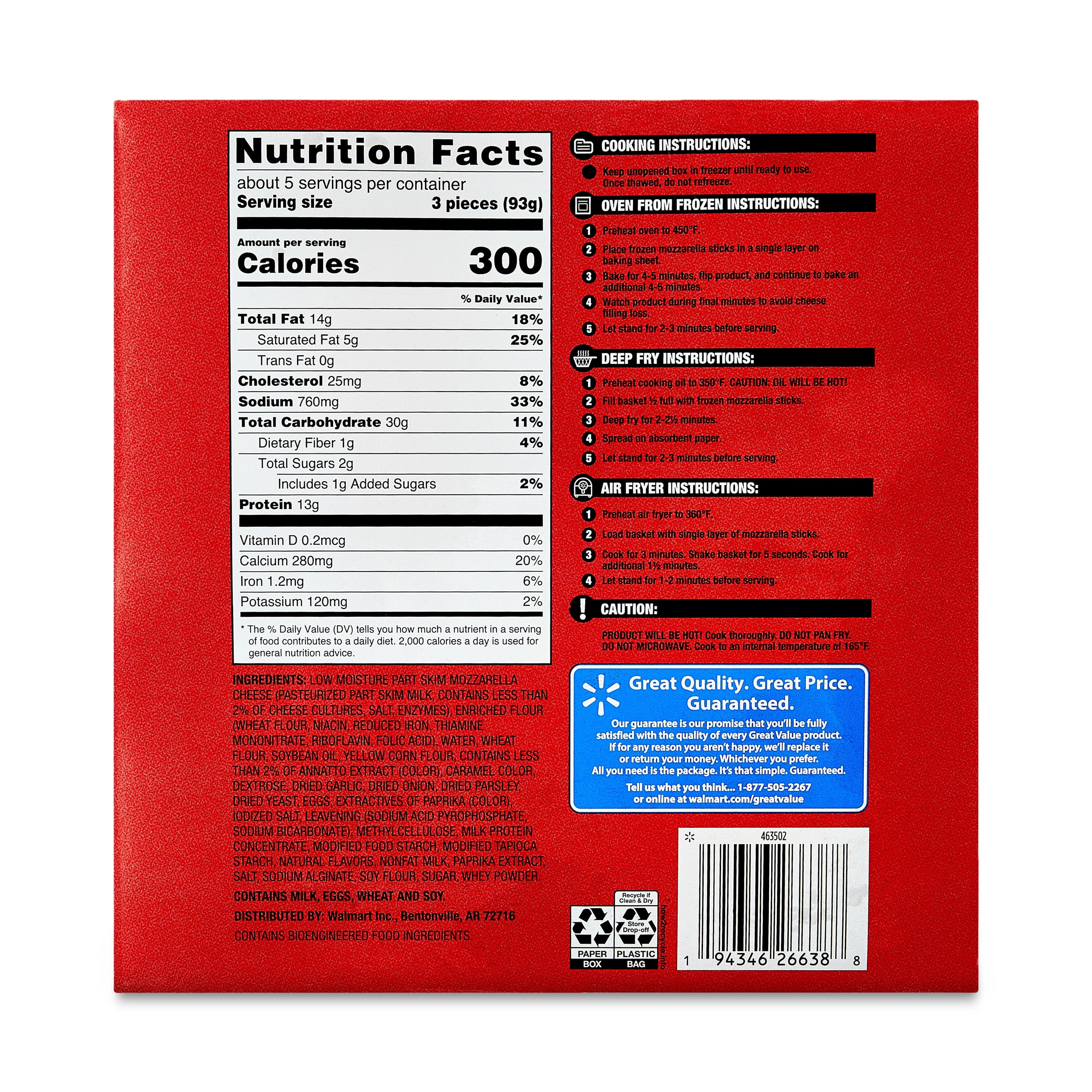 Great Value Mozzarella Cheese Sticks 17.4 Oz Frozen Appetizer