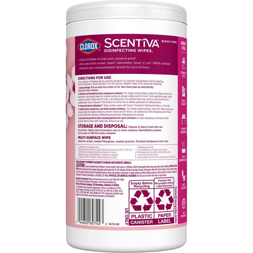 Clorox Scentiva Disinfecting Wipes Cherry Blossom Peach 75 Count