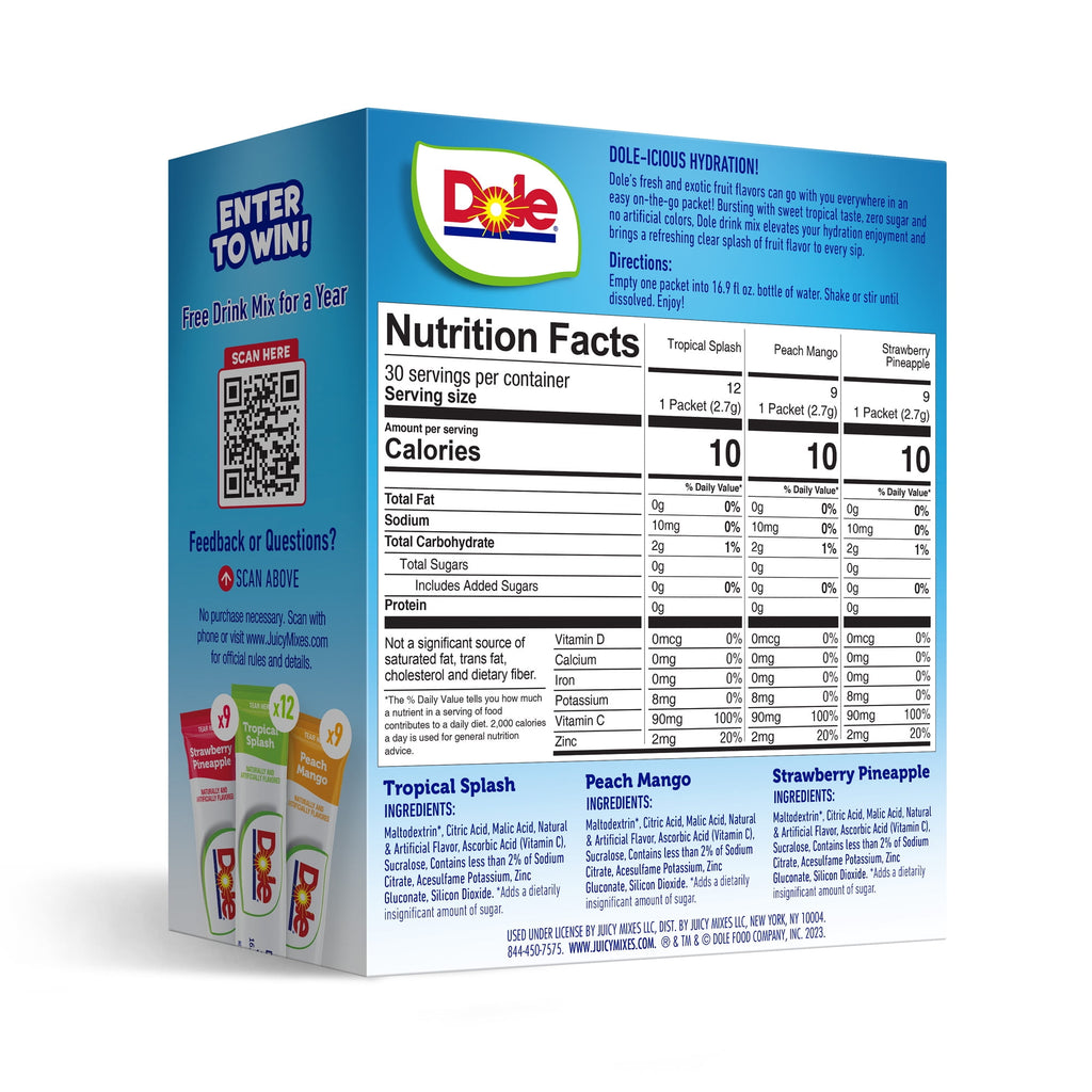Dole Sugar-Free Drink Mix Variety Pack Tropical Peach Mango & Strawberry Pineapple 30 Count