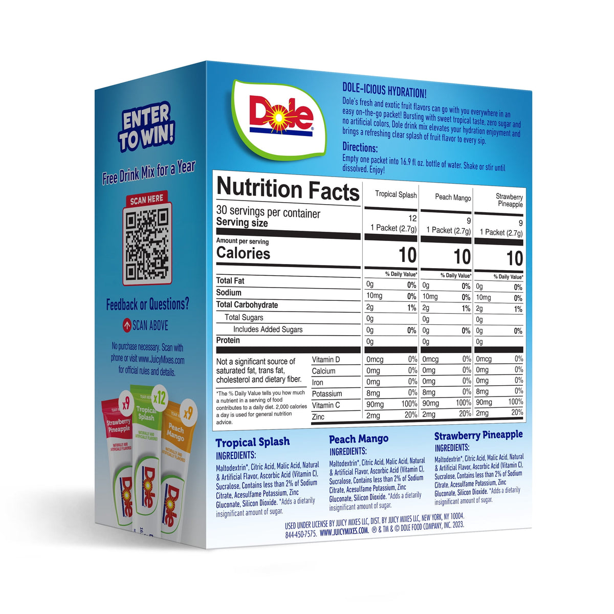 Dole Sugar-Free Drink Mix Variety Pack Tropical Peach Mango & Strawberry Pineapple 30 Count