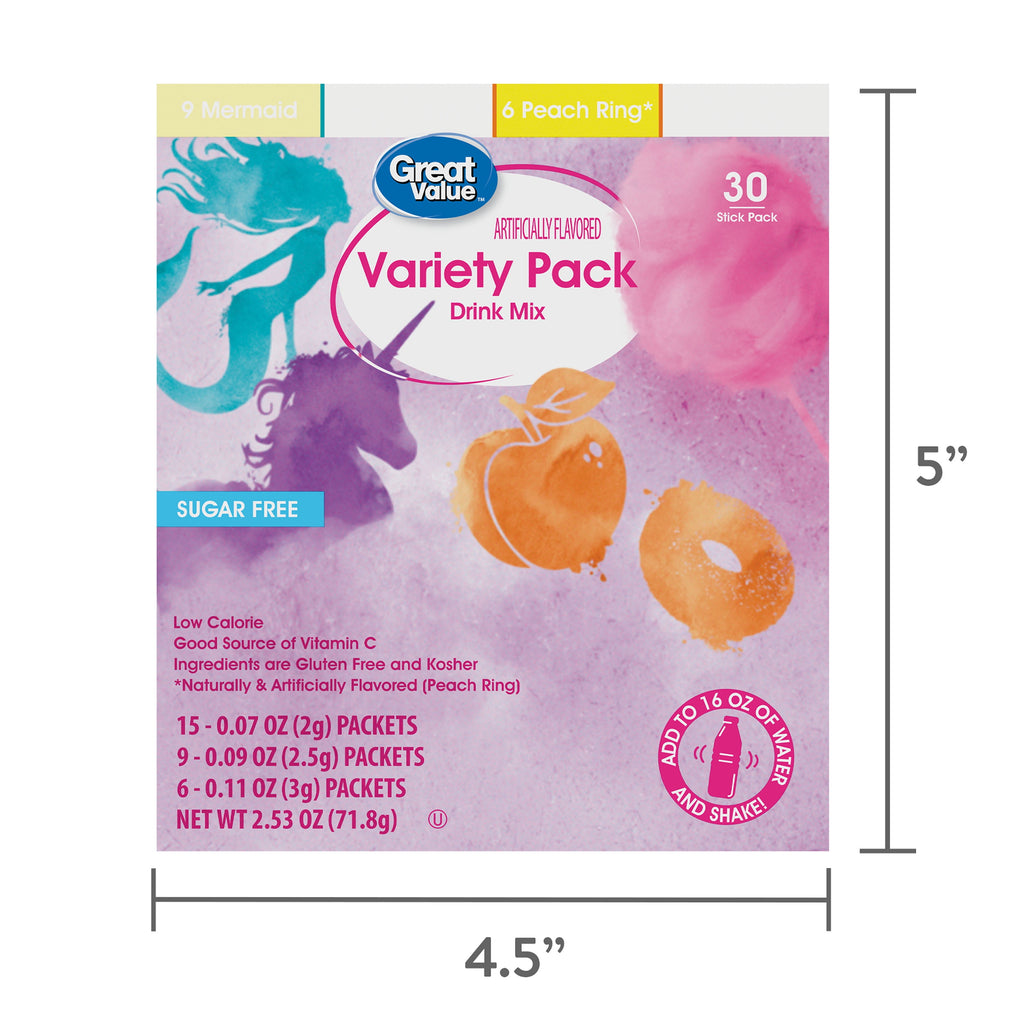 Great Value Sugar-Free WaterTok Variety Pack Drink Mix 2.53 oz 30 Count