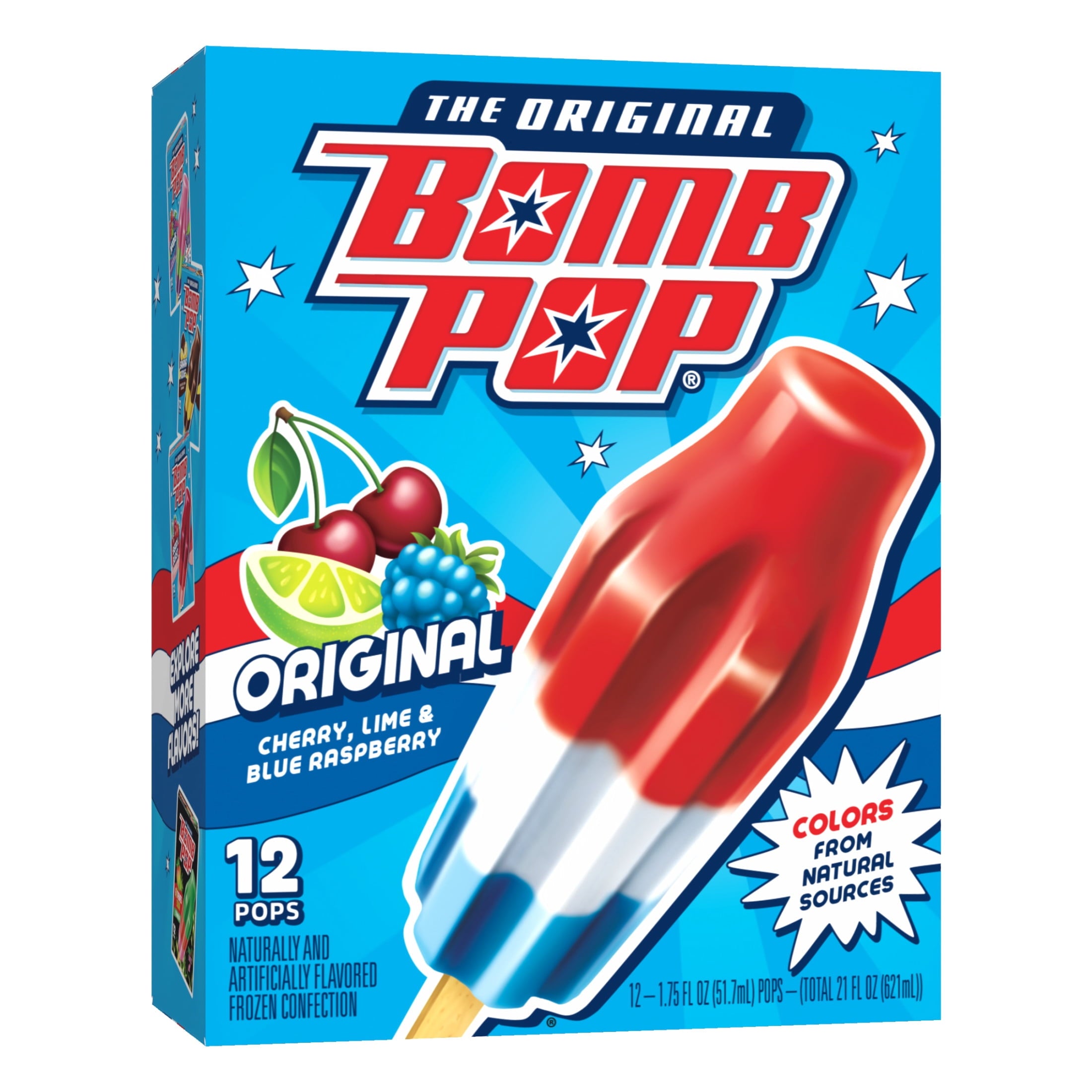 Bomb Pop Original Freeze Ice Pops Cherry Lime & Blue Raspberry 12 Count 21 Fl Oz