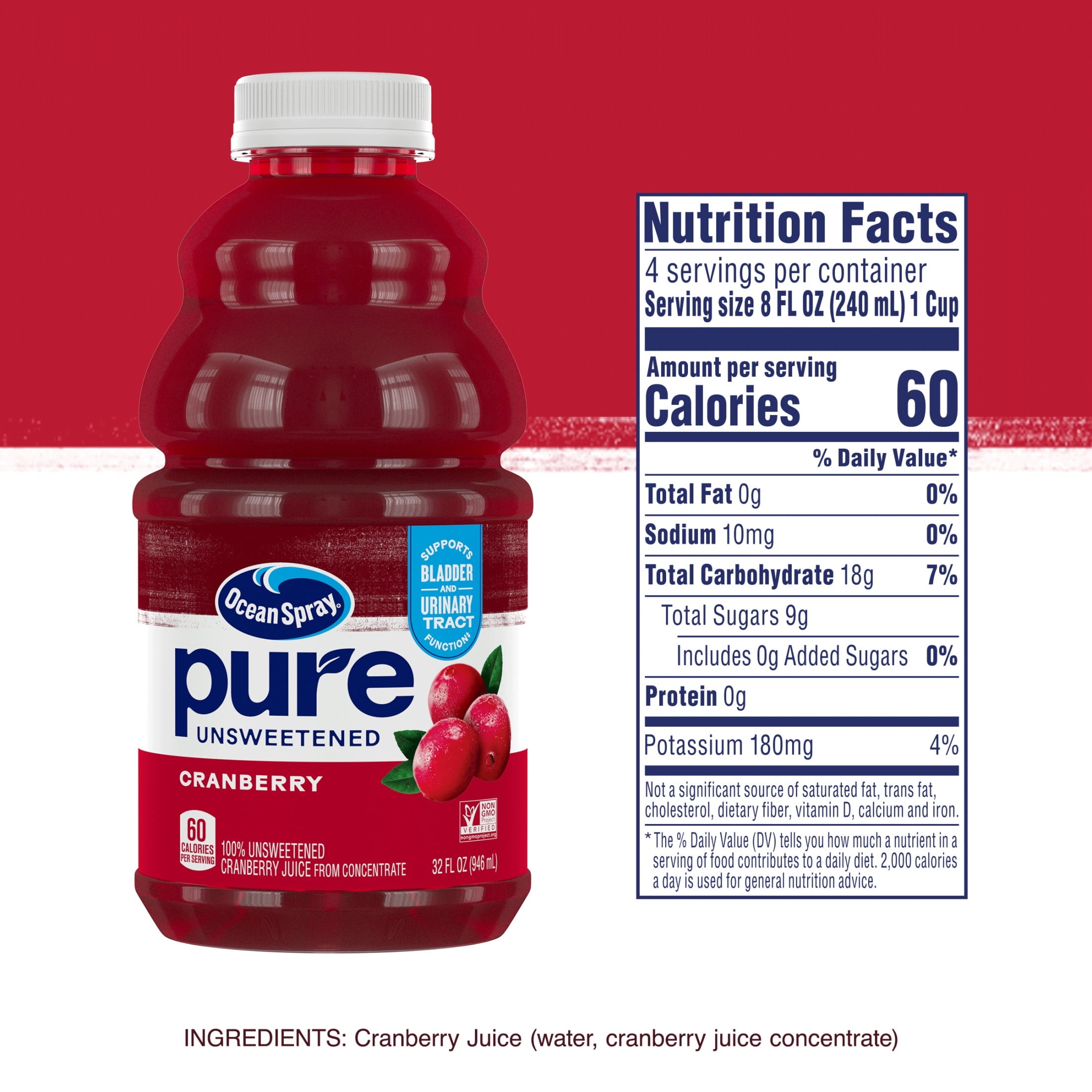 Ocean Spray Pure Unsweetened Cranberry 100% Juice 32 fl oz Bottle