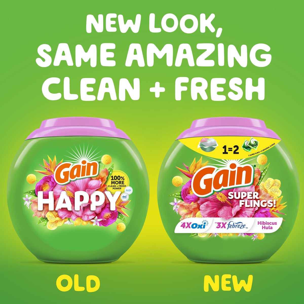 Gain Plus Flings Laundry Detergent Pacs All-In-One Happy Hibiscus Scent 32 Count
