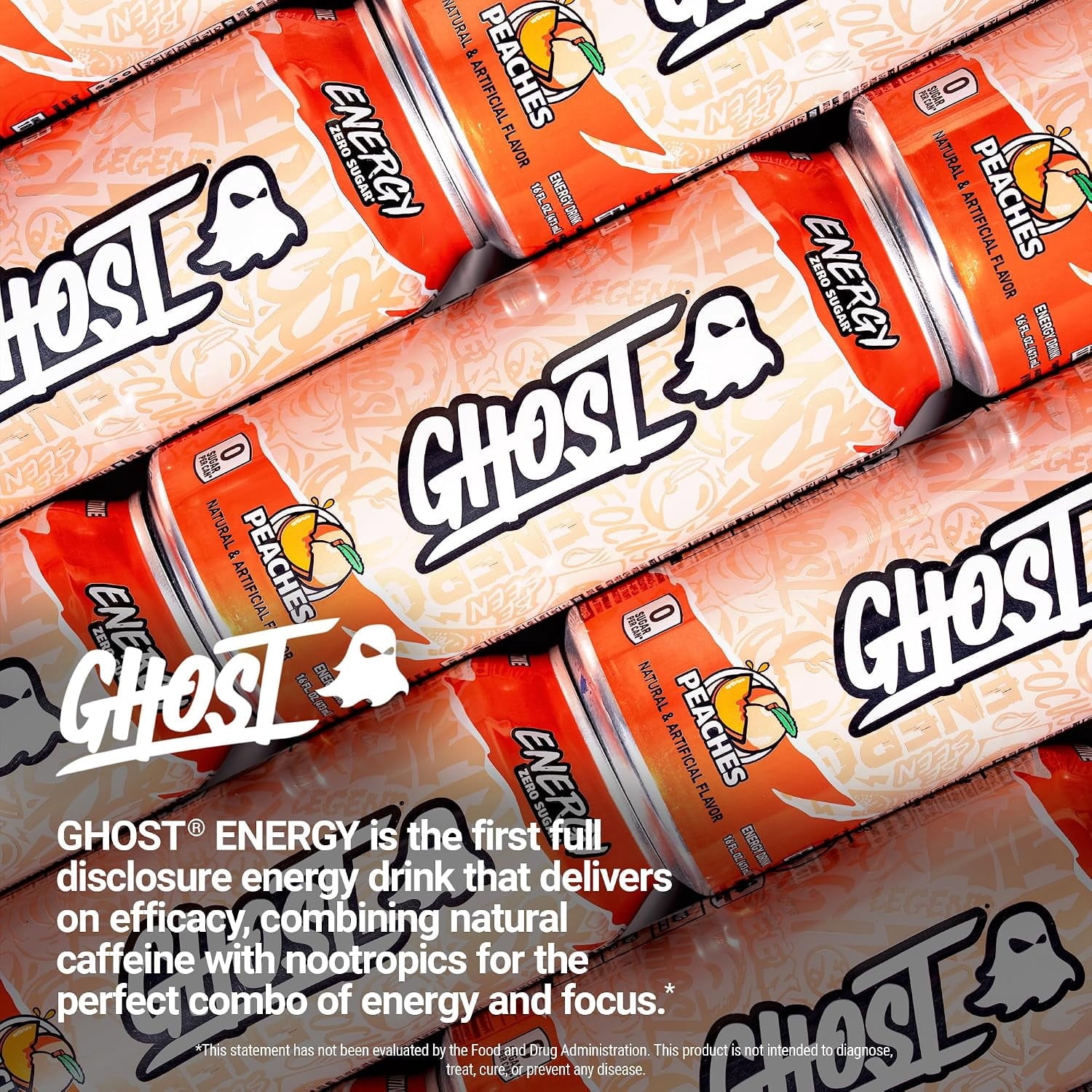 GHOST Energy Peaches Zero Sugar Energy Drink 16 fl oz Single Can