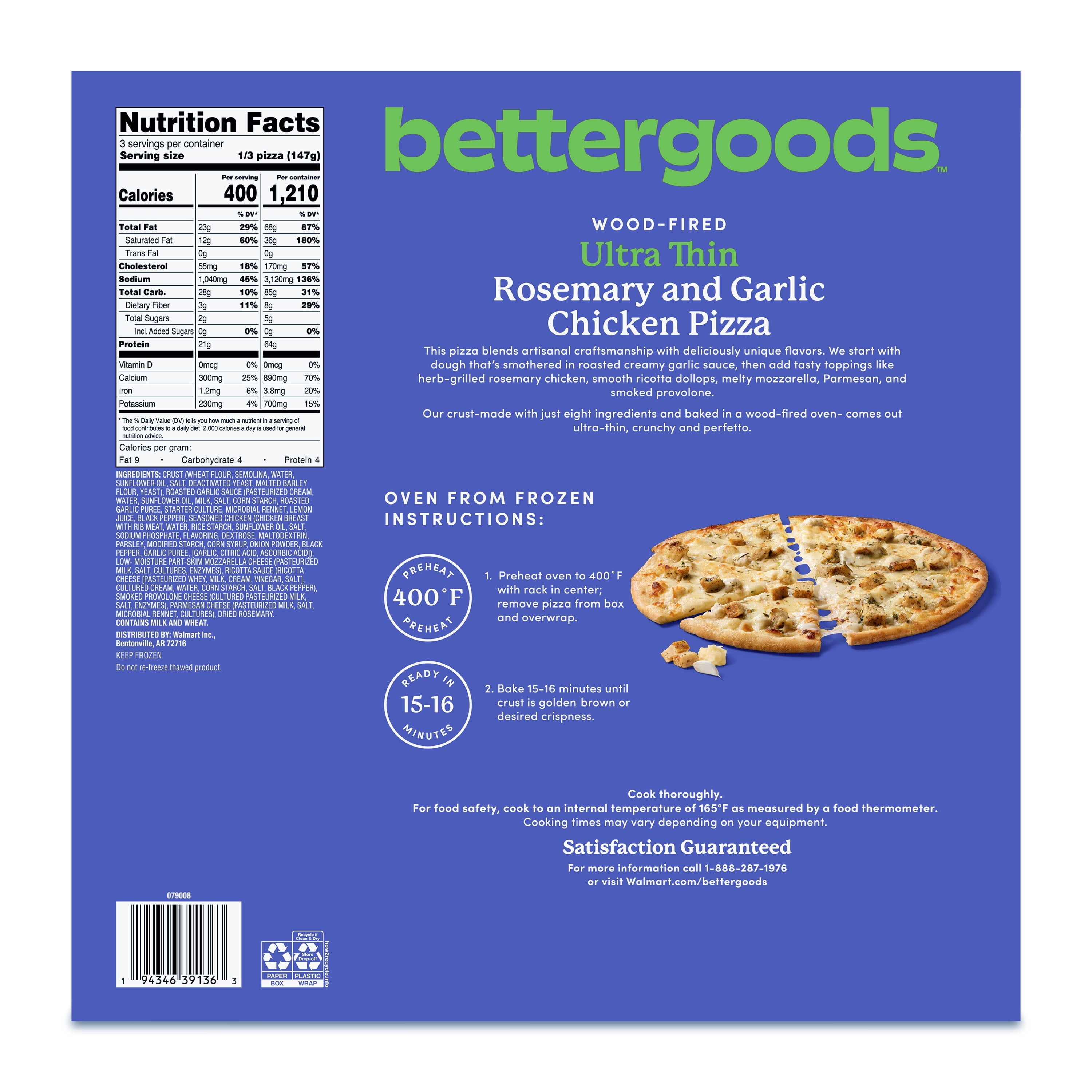 Bettergoods Wood-Fired Ultra-Thin Roasted Garlic and Rosemary Chicken Pizza 15.6 Oz Frozen
