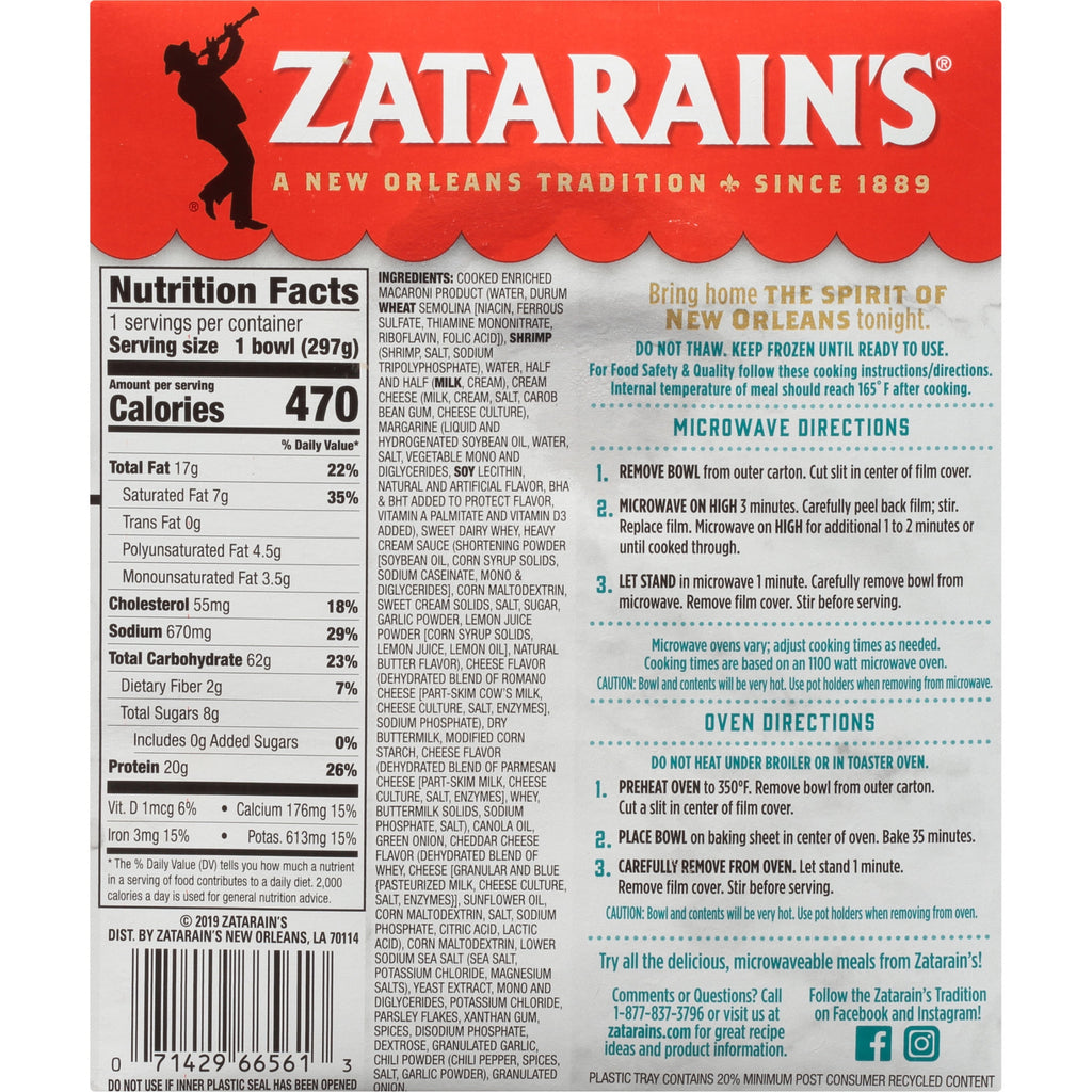 Zatarain's Frozen Shrimp Alfredo Pasta Meal 10.5 Oz
