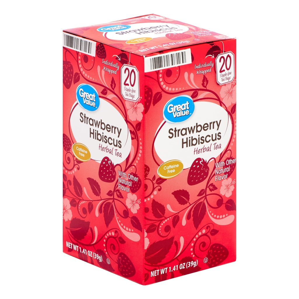 Great Value Strawberry Hibiscus Herbal Tea Bags Caffeine Free 1.41 oz 20 Count