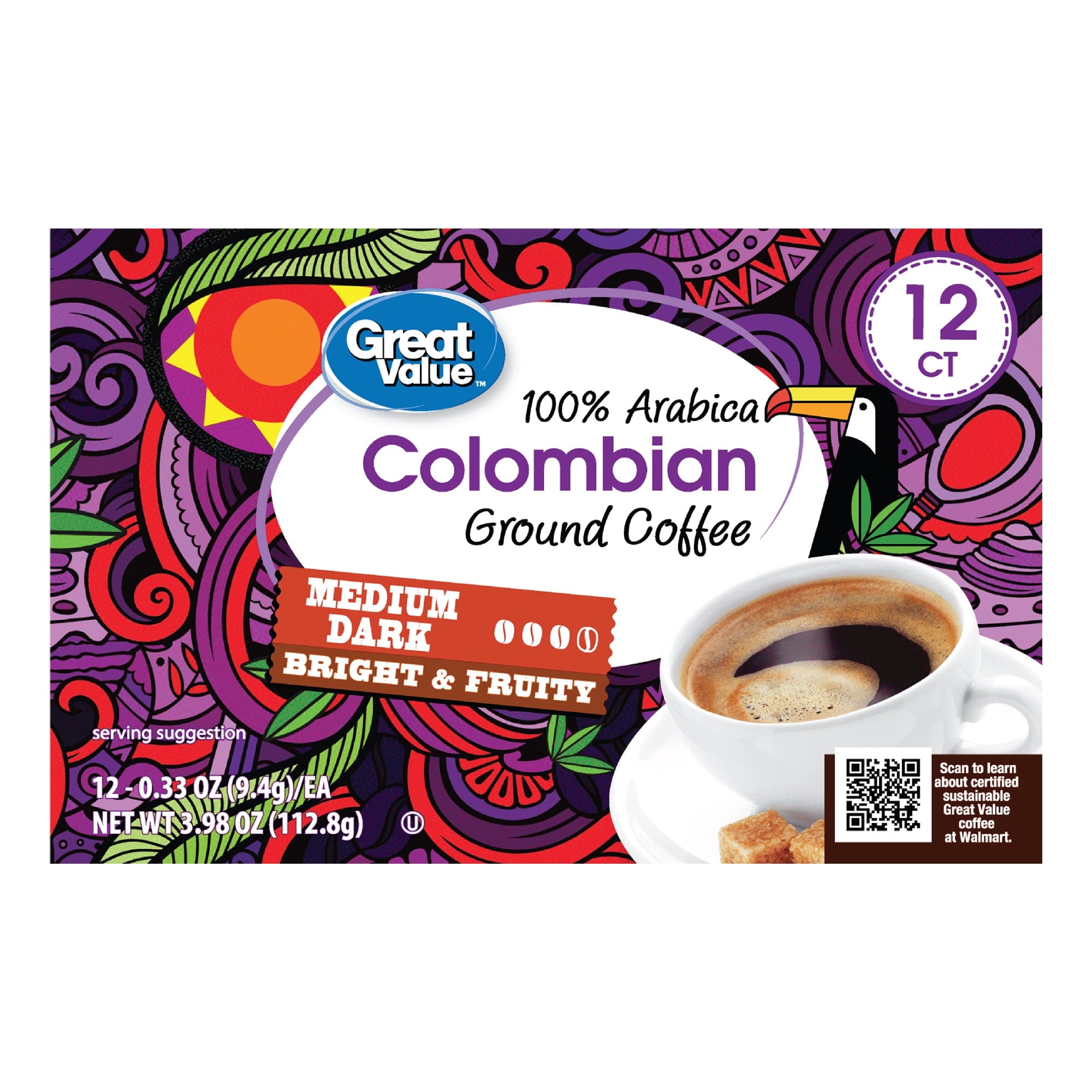Great Value 100% Arabica Colombian Medium Dark Roast Ground Coffee Pods 12 Count