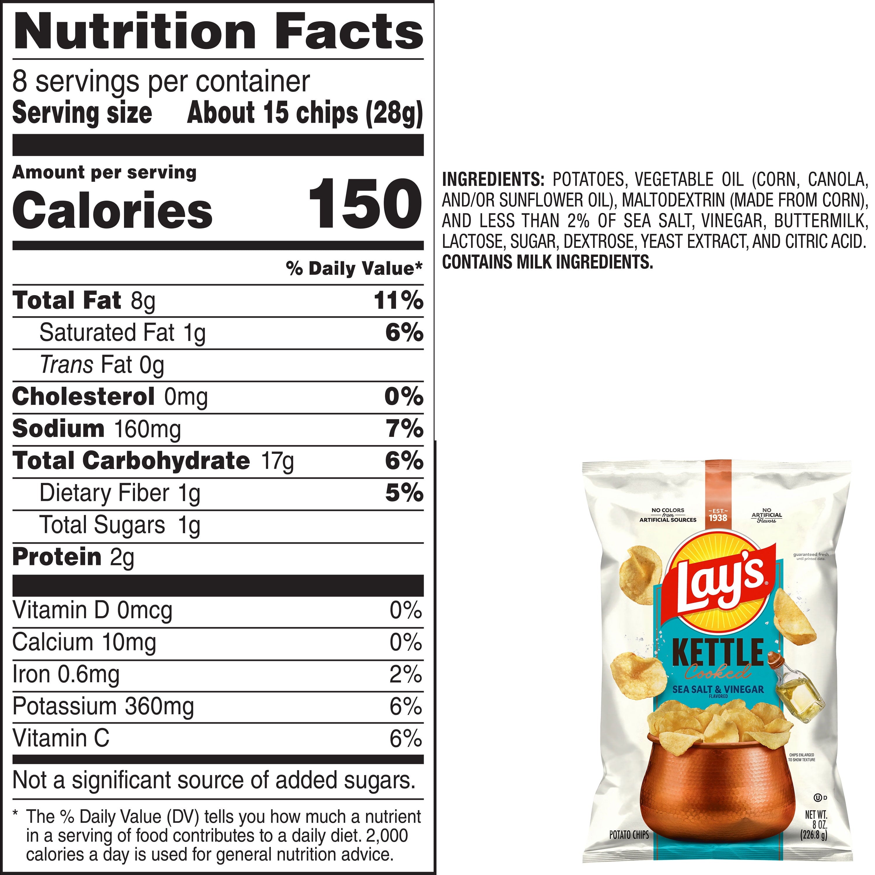 Kettle Cooked Sea Salt & Vinegar Potato Chips 8 Oz Lay's