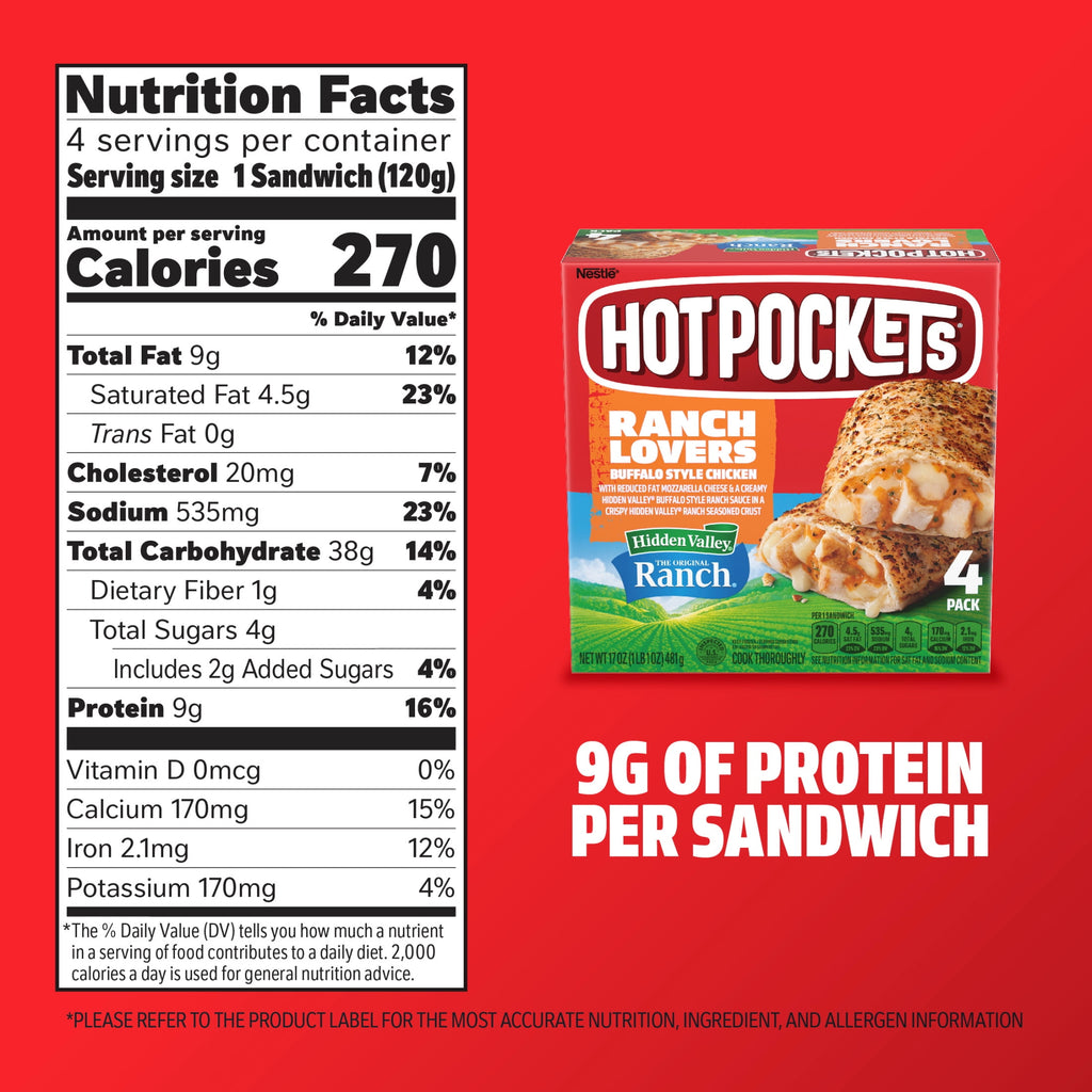 Hot Pockets Ranch Lovers Buffalo Style Chicken Hidden Valley Ranch Frozen Sandwich 4 Count 17 Oz