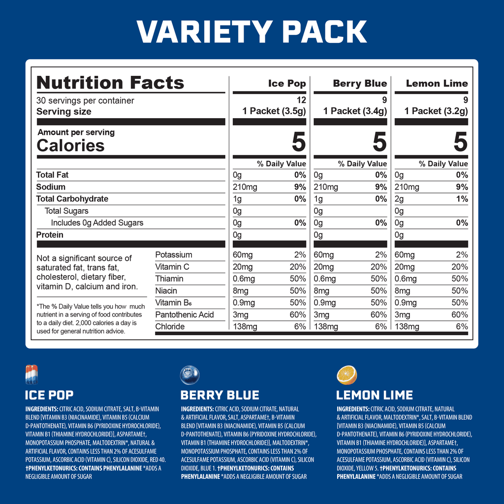 Peak H2O Sugar-Free Hydration Electrolyte Drink Mix Variety Pack 2.1 oz 30 Count