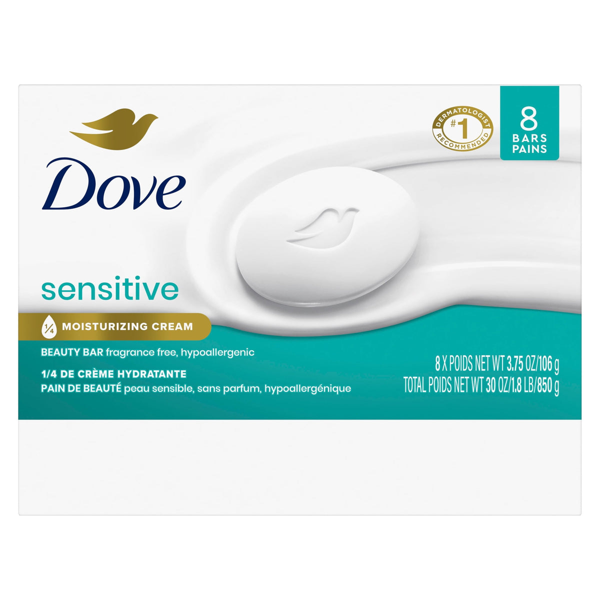 Dove Sensitive Skin Beauty Bar Soap Fragrance Free Hypoallergenic 3.75 oz 8 Bars