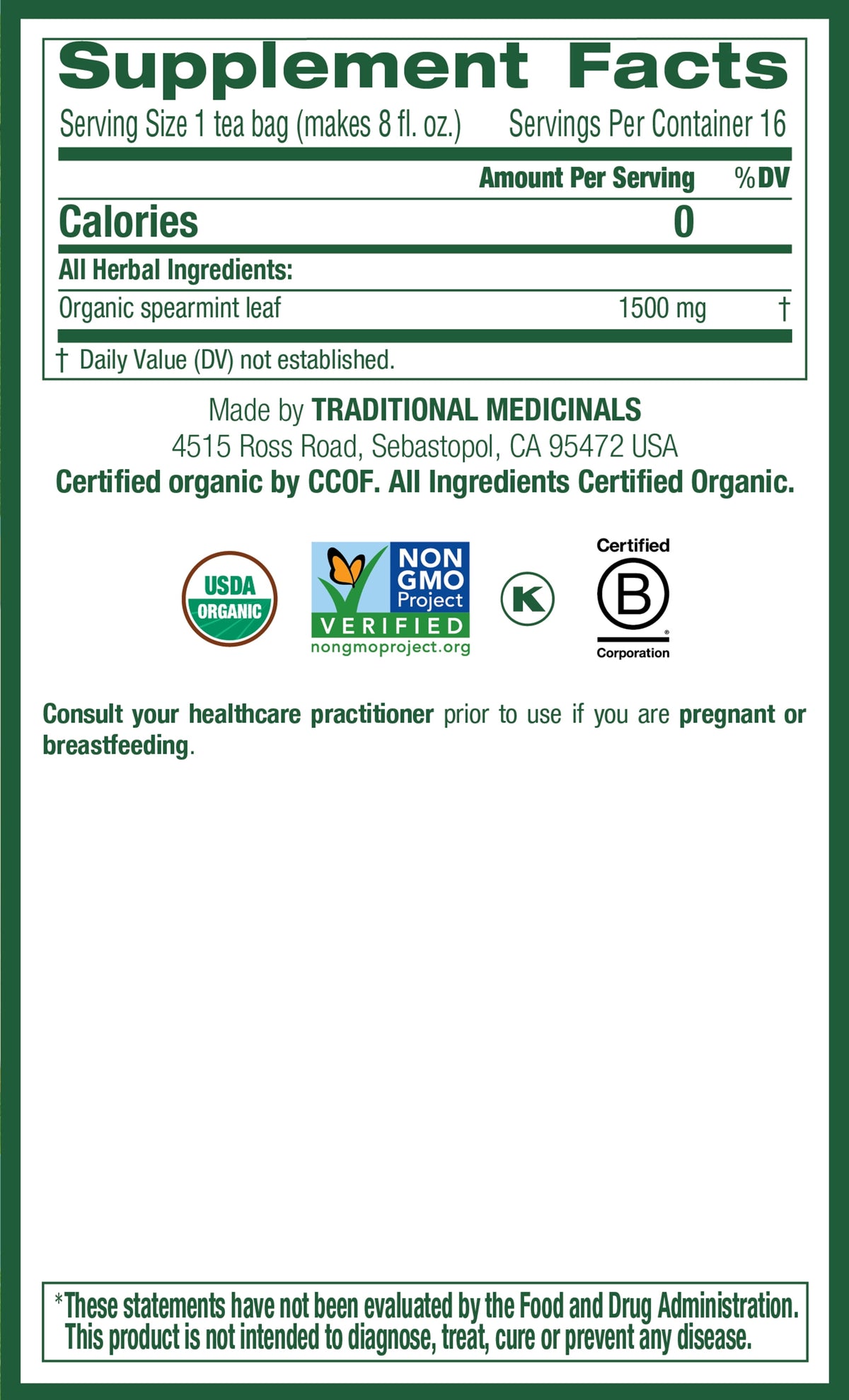 Traditional Medicinals Organic Spearmint Herbal Tea Bags Caffeine Free 16 Count