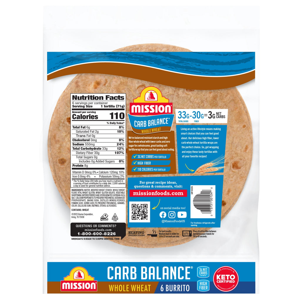 Carb Balance Whole Wheat Flour Tortillas Burrito Size 15 Oz 6 Count Mission