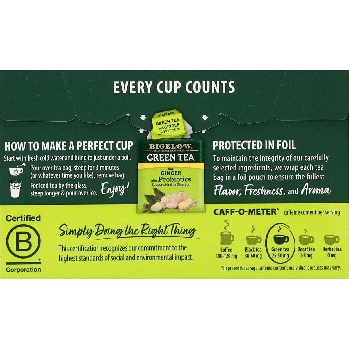 Bigelow Tea Green Tea with Ginger Plus Probiotics Bags 0.9 oz 18 Count