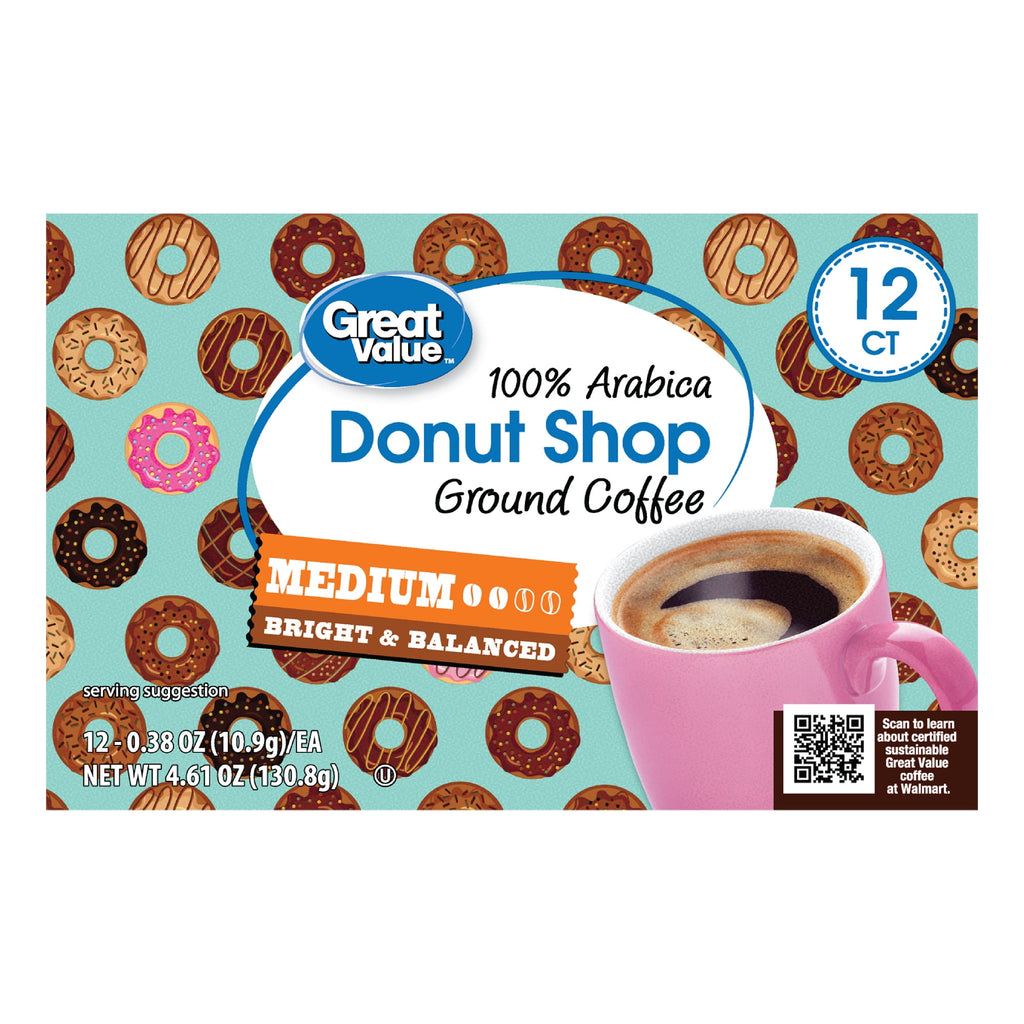 Great Value Donut Shop 100% Arabica Medium Roast Ground Coffee Pods 12 Count