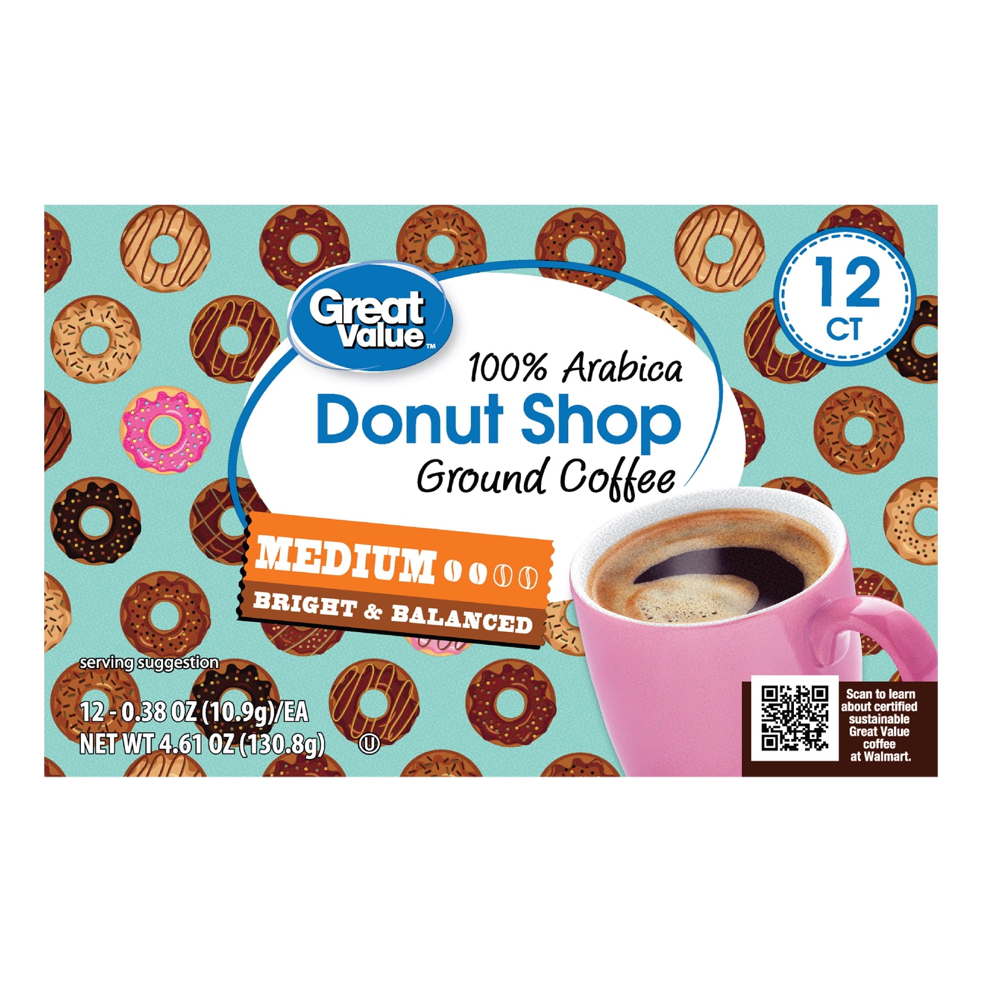 Great Value Donut Shop 100% Arabica Medium Roast Ground Coffee Pods 12 Count