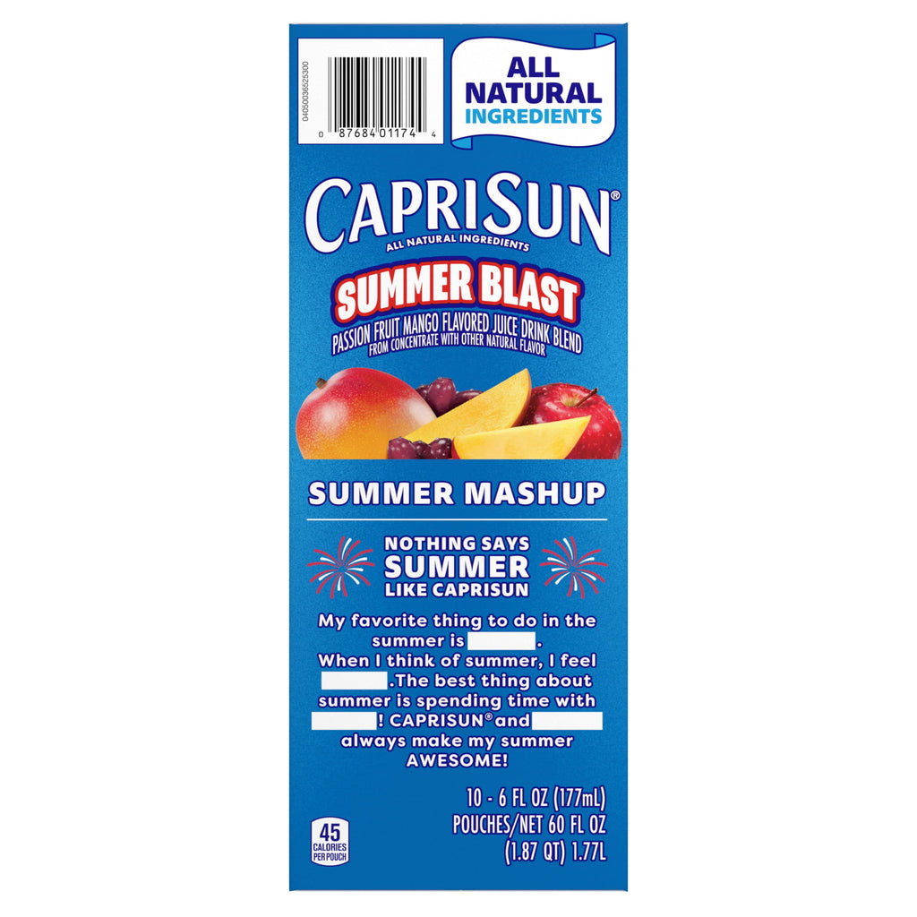 Capri Sun Summer Blast Passion Fruit Mango Flavored Juice Drink Blend 10 Count 6 fl oz Pouches