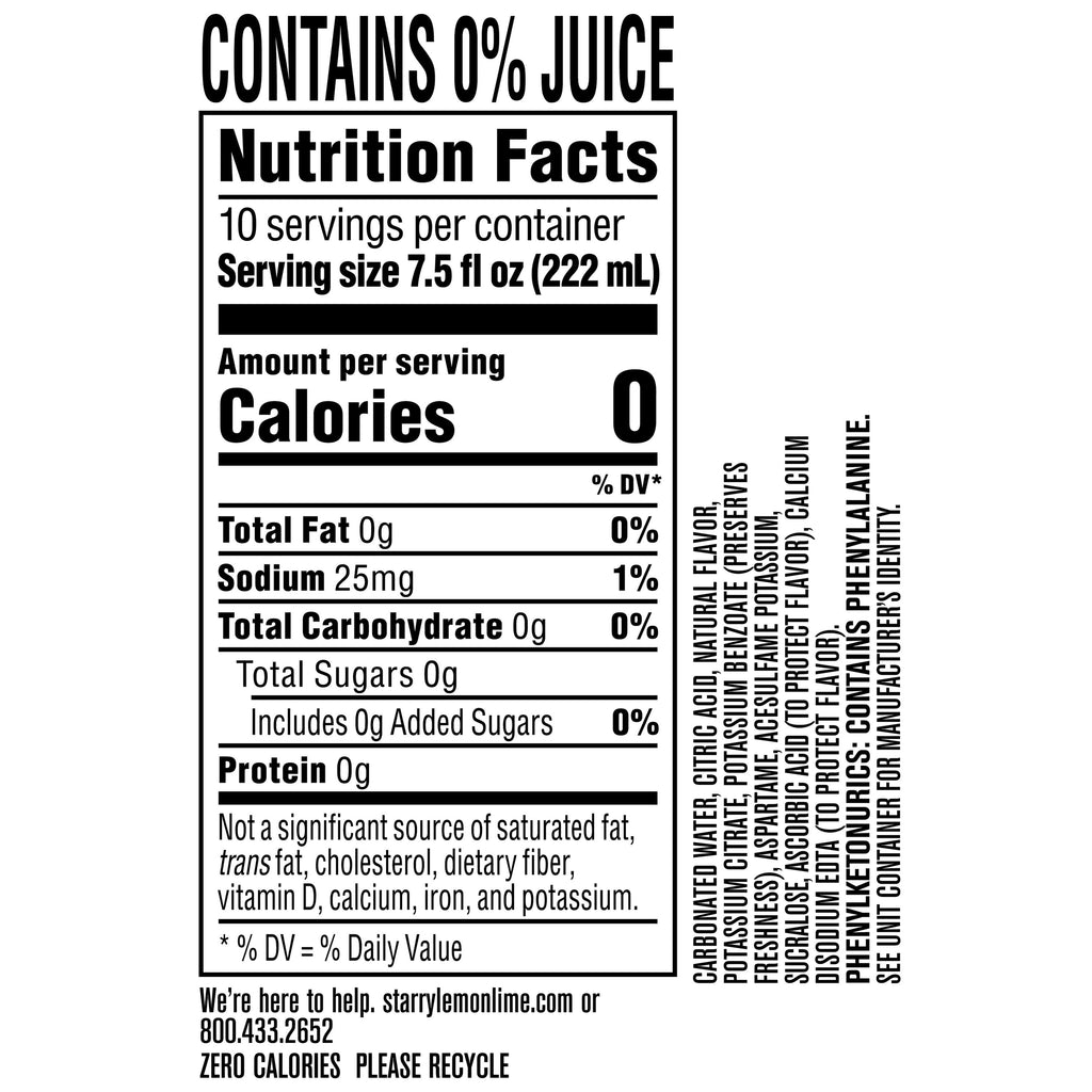 Starry Zero Sugar Lemon Lime Soda Pop Mini Cans 7.5 Fl Oz 10 Pack