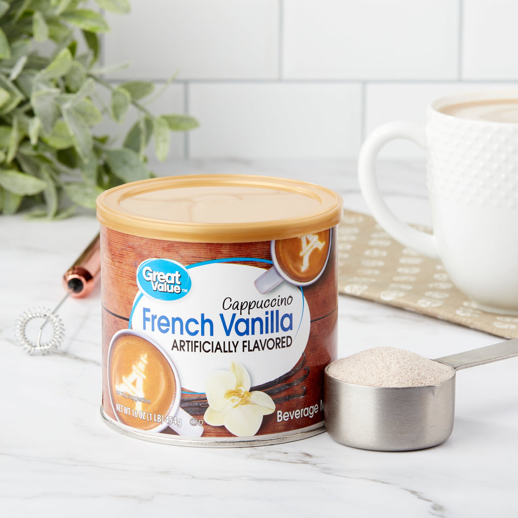 Great Value French Vanilla Naturally Caffeinated Instant Cappuccino Drink Mix 16 oz Canister