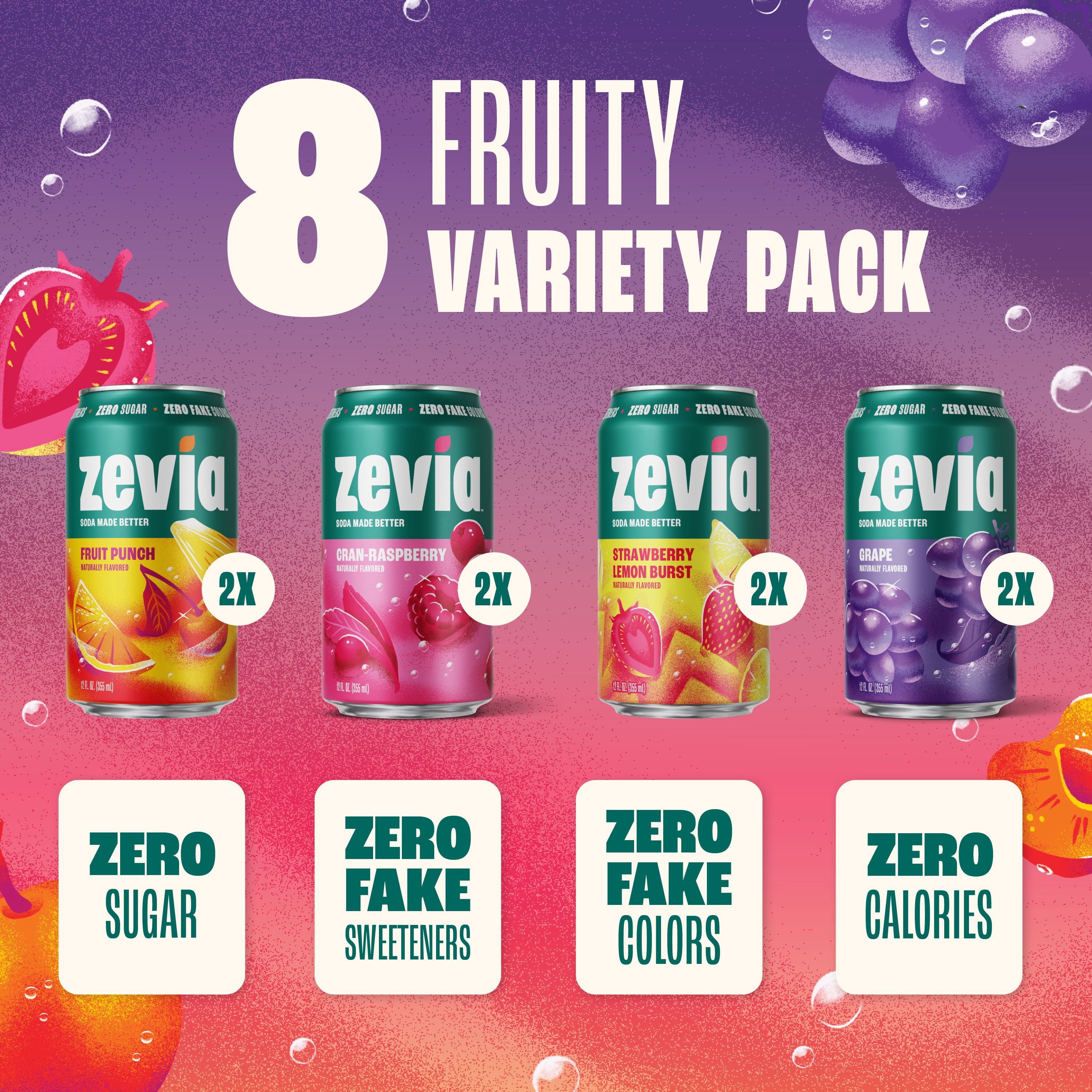 Zevia Zero Sugar Caffeine Free Fruity Variety Soda Pop Cans 12 Fl Oz 8 Pack
