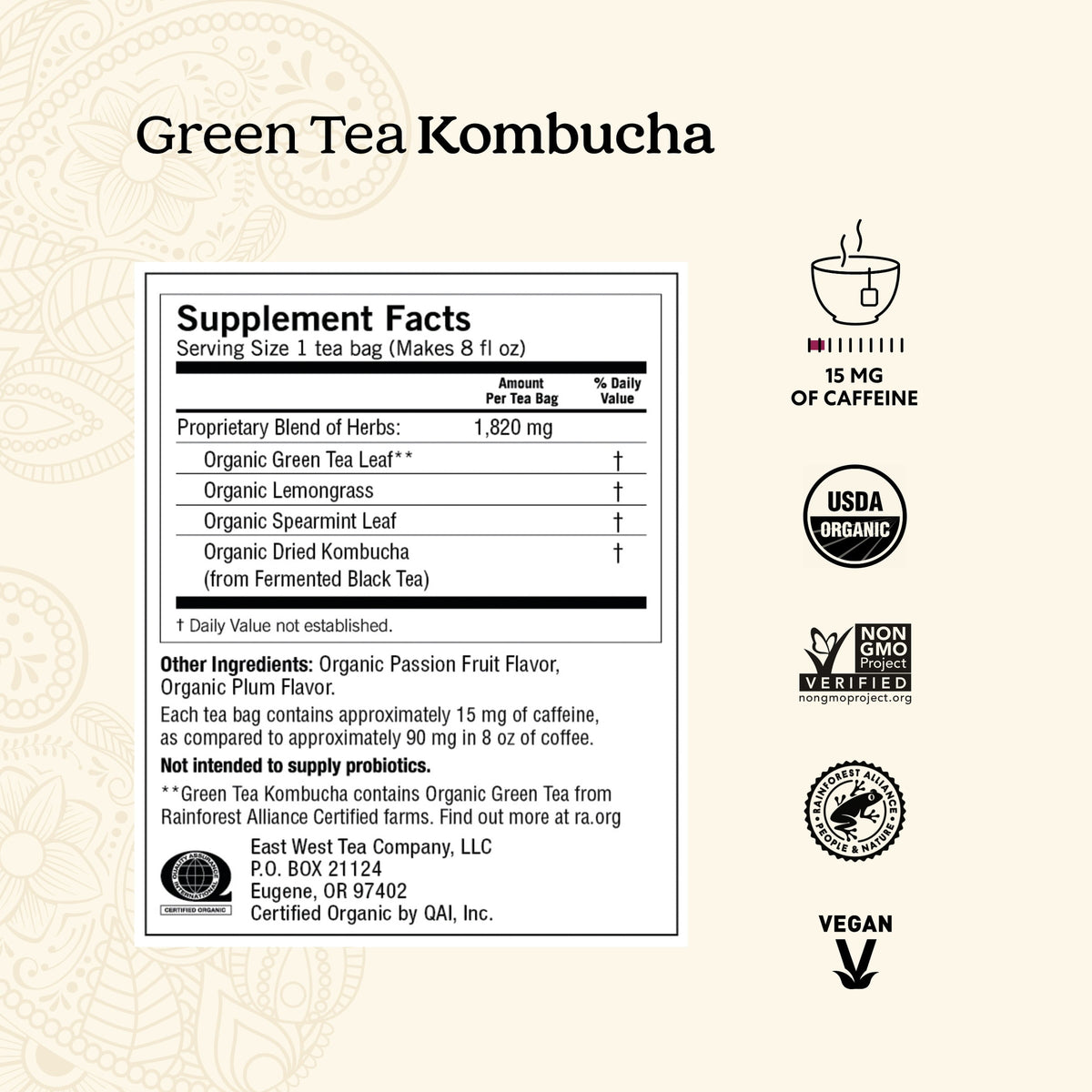 Yogi Green Tea Kombucha Organic Wellness Tea Bags 1.12 oz 16 Count