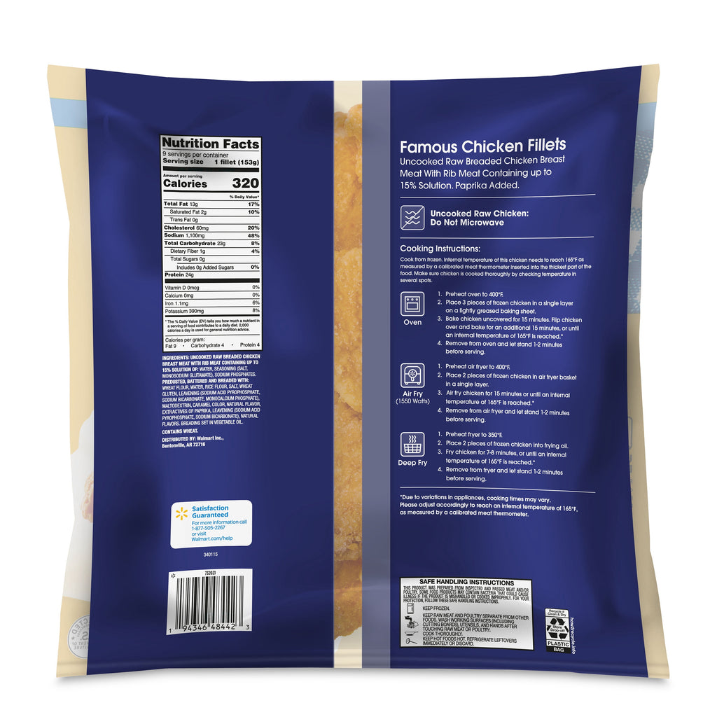 Great Value Famous Chicken Fillets Frozen 3 Lb 18g Protein