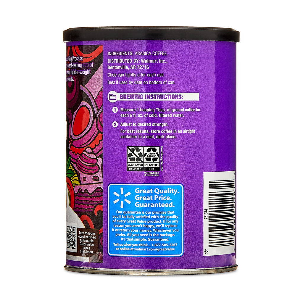 Great Value Colombian Naturally Caffeinated Medium Dark Roast Ground Coffee 9.6 oz Canister