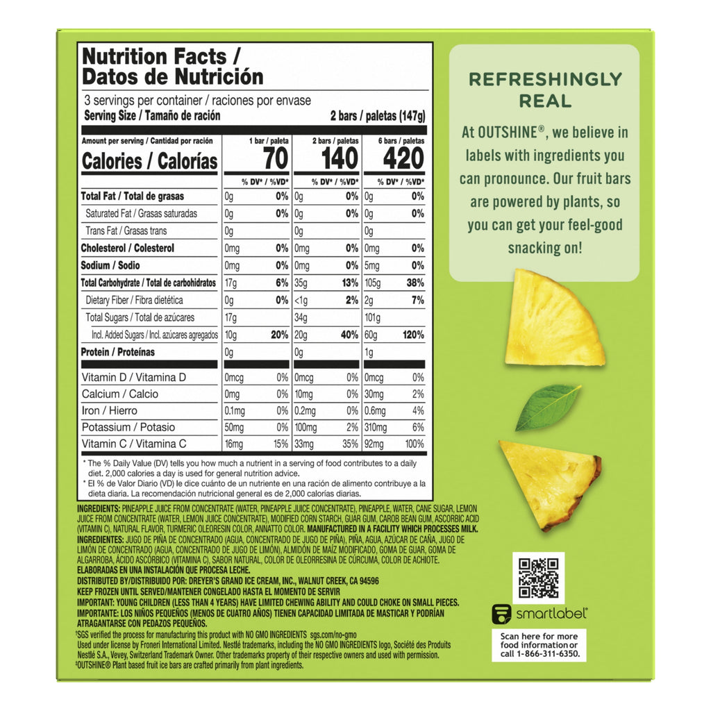 Outshine Pineapple Frozen Fruit Bars 6 Count 15 Fl Oz