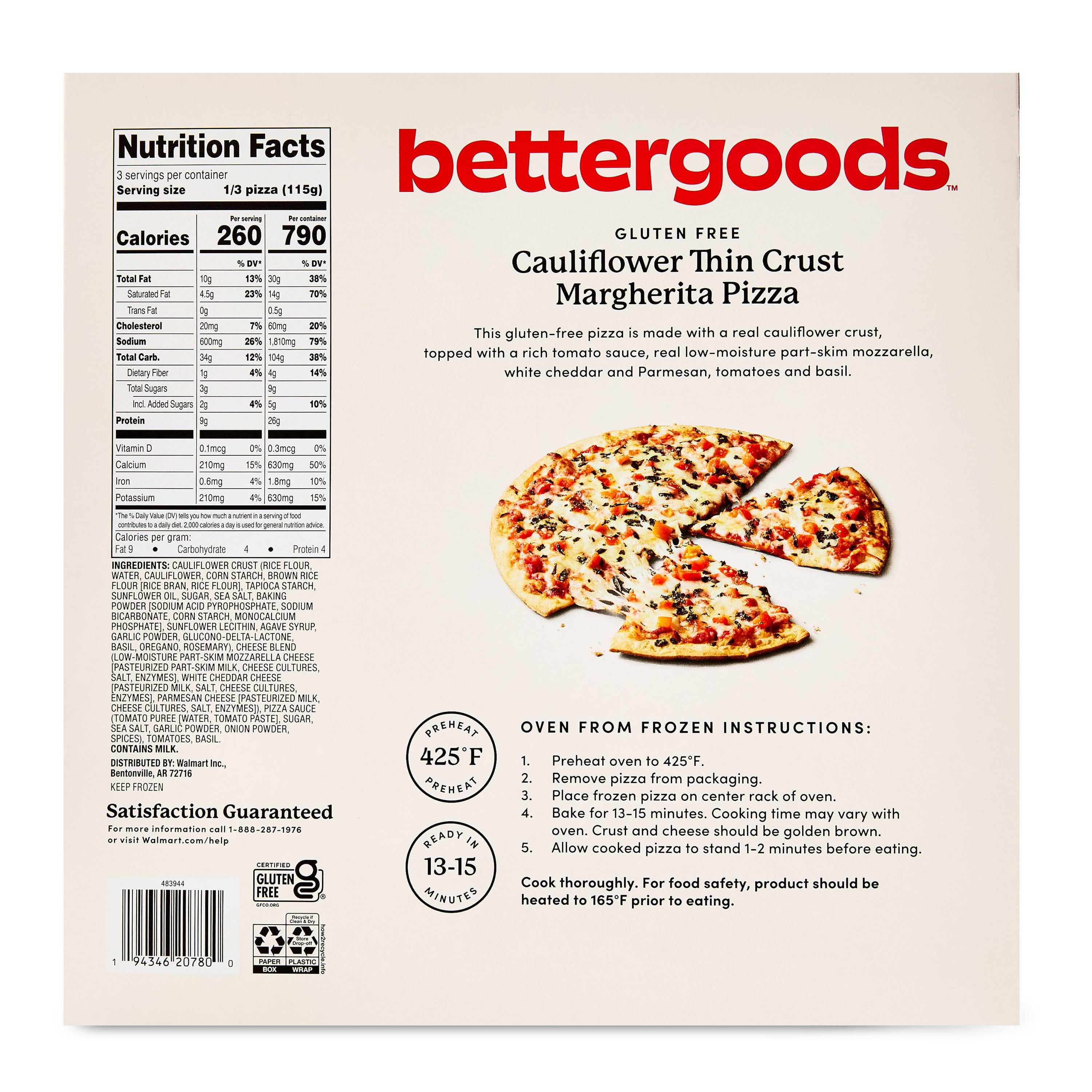 Bettergoods Gluten-Free Cauliflower Thin Crust Margherita Pizza 11.8 Oz Frozen