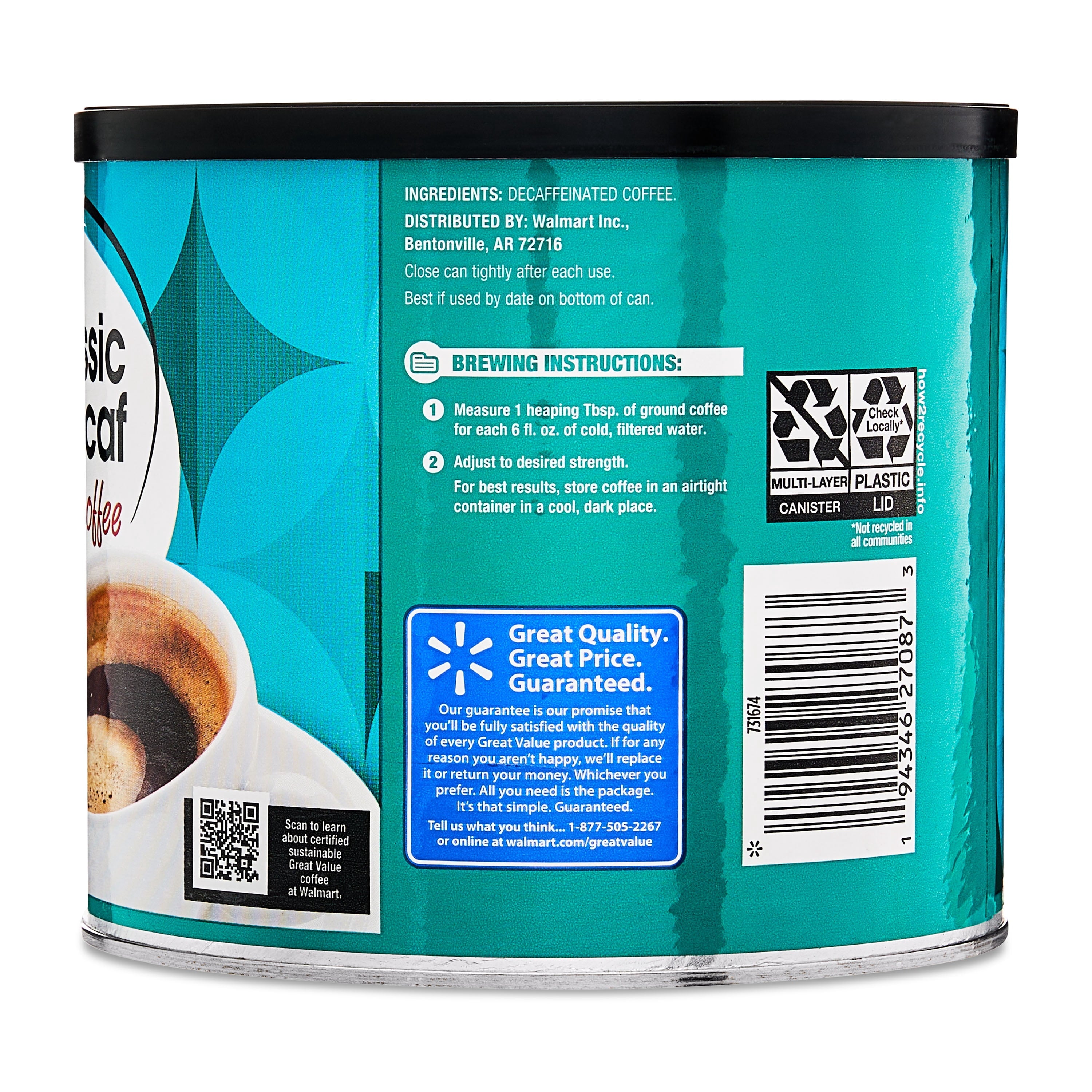 Great Value Naturally Decaffeinated Classic Medium Roast Ground Coffee 25.9 oz Canister