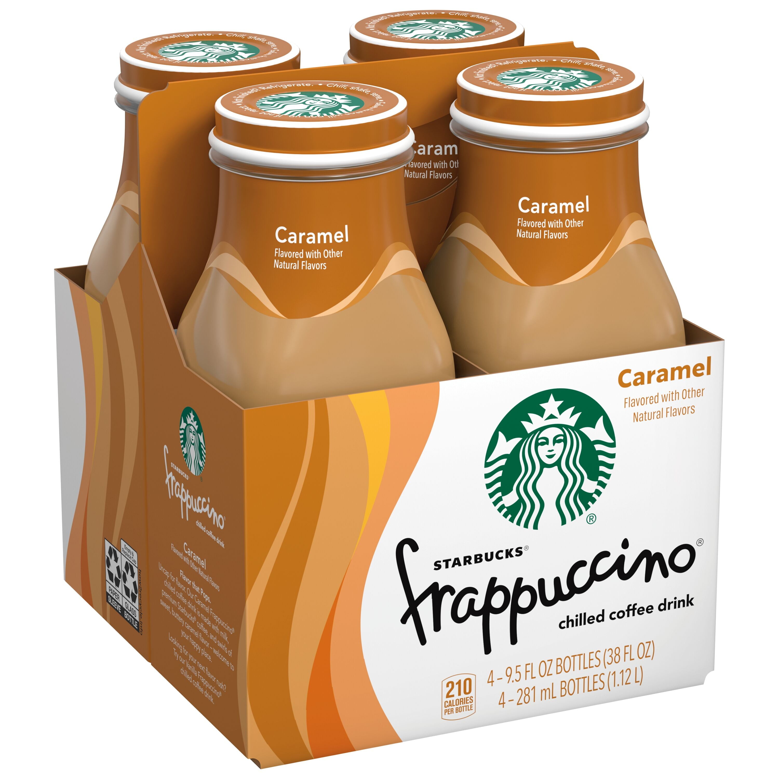Starbucks Frappuccino Caramel Naturally Caffeinated Medium Roast Chilled Coffee Drink 4 Count 9.5 fl oz Bottles