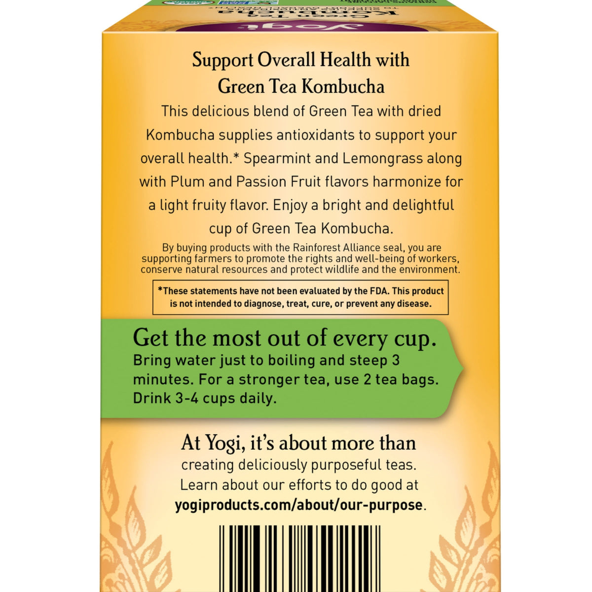 Yogi Green Tea Kombucha Organic Wellness Tea Bags 1.12 oz 16 Count