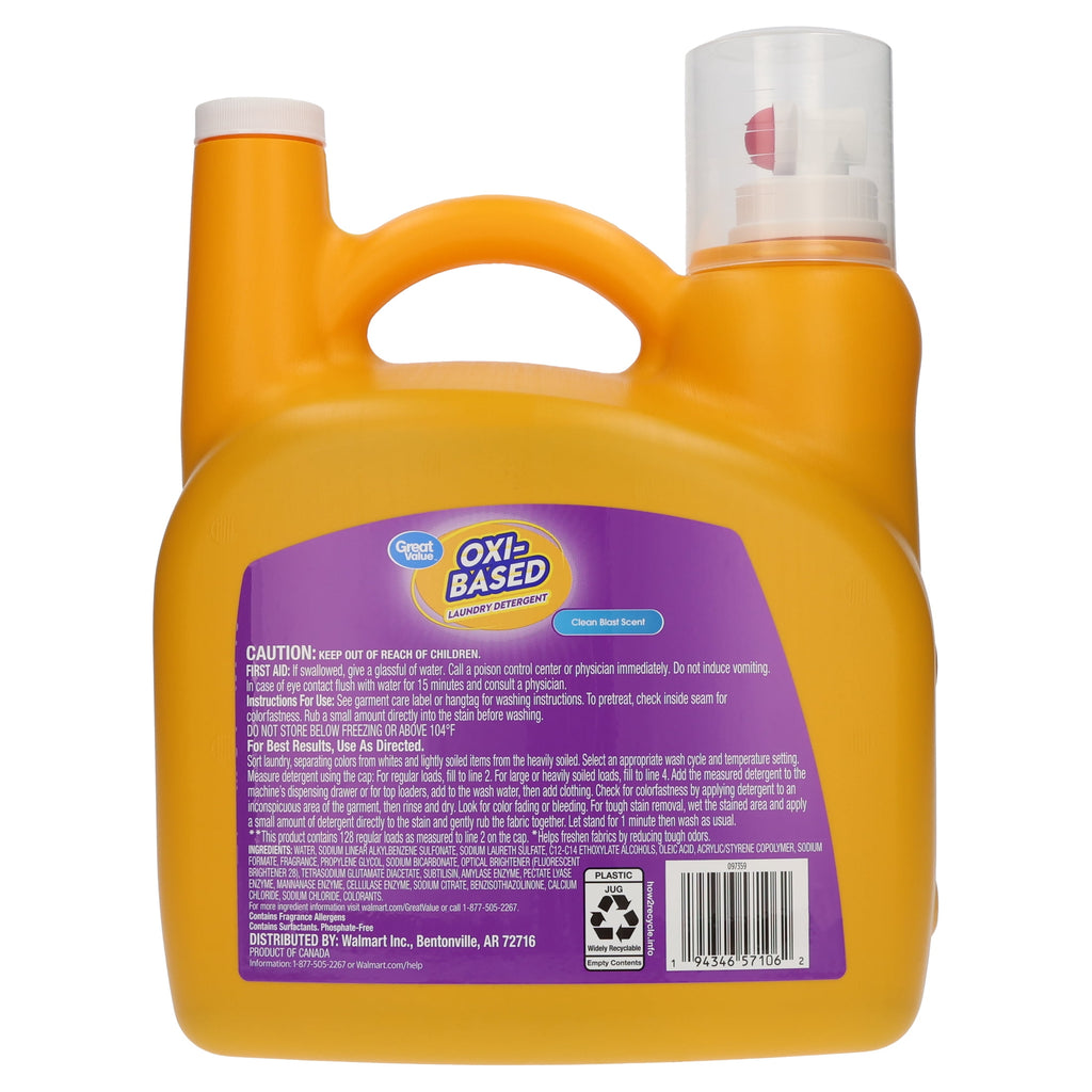 Great Value Oxi-Based Liquid Laundry Detergent Clean Blast 166.5 fl oz 128 Loads