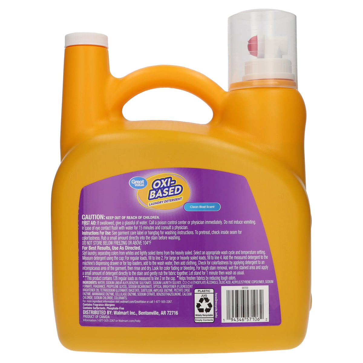 Great Value Oxi-Based Liquid Laundry Detergent Clean Blast 166.5 fl oz 128 Loads