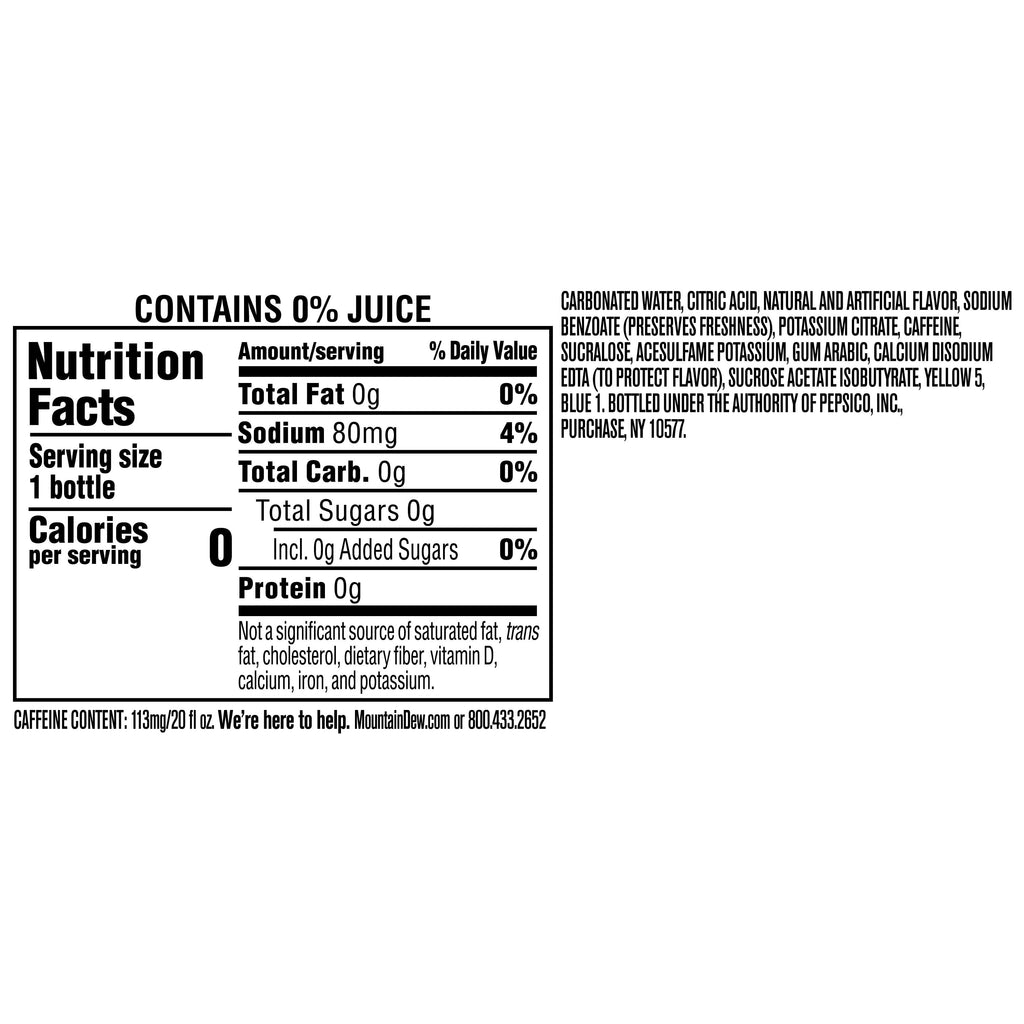 Mountain Dew Zero Sugar Baja Blast Tropical Lime Soda Pop Bottle 20 Fl Oz