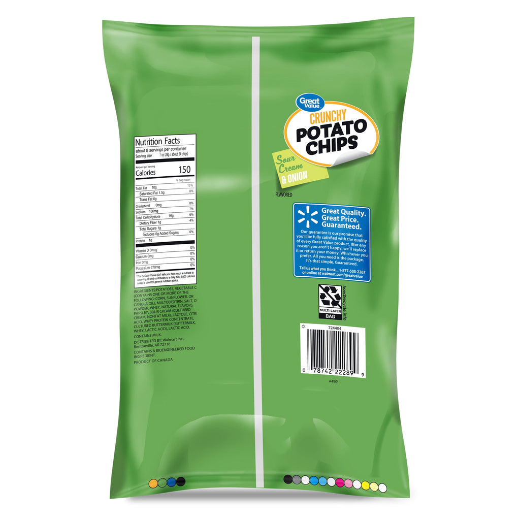 Sour Cream & Onion Flavored Potato Chips 7.75 Oz Great Value