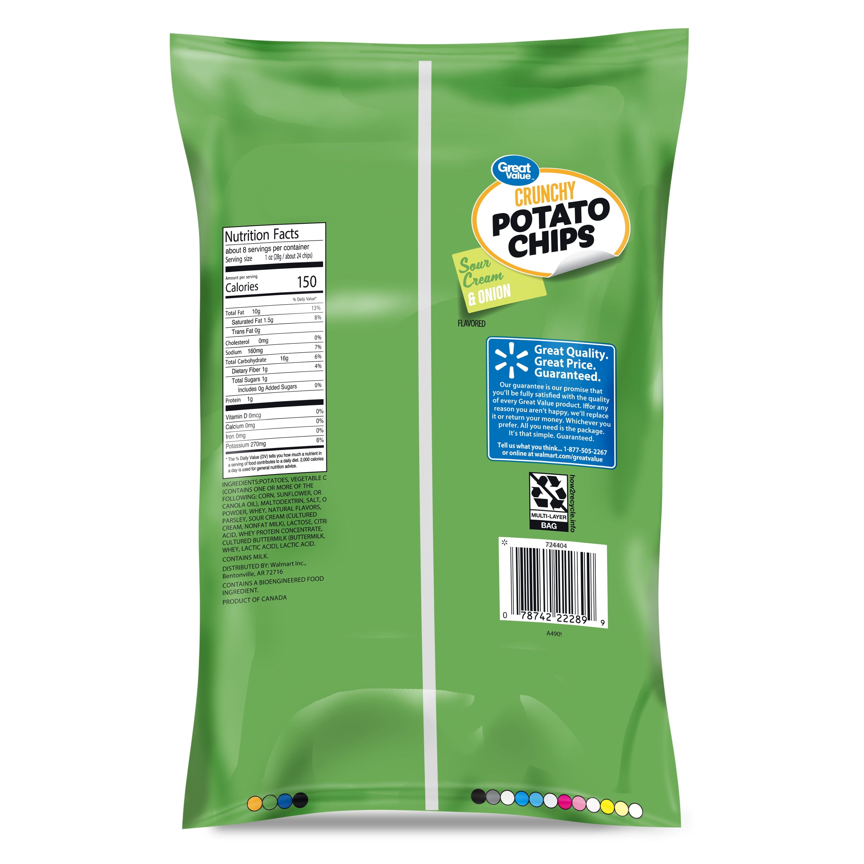 Sour Cream & Onion Flavored Potato Chips 7.75 Oz Great Value