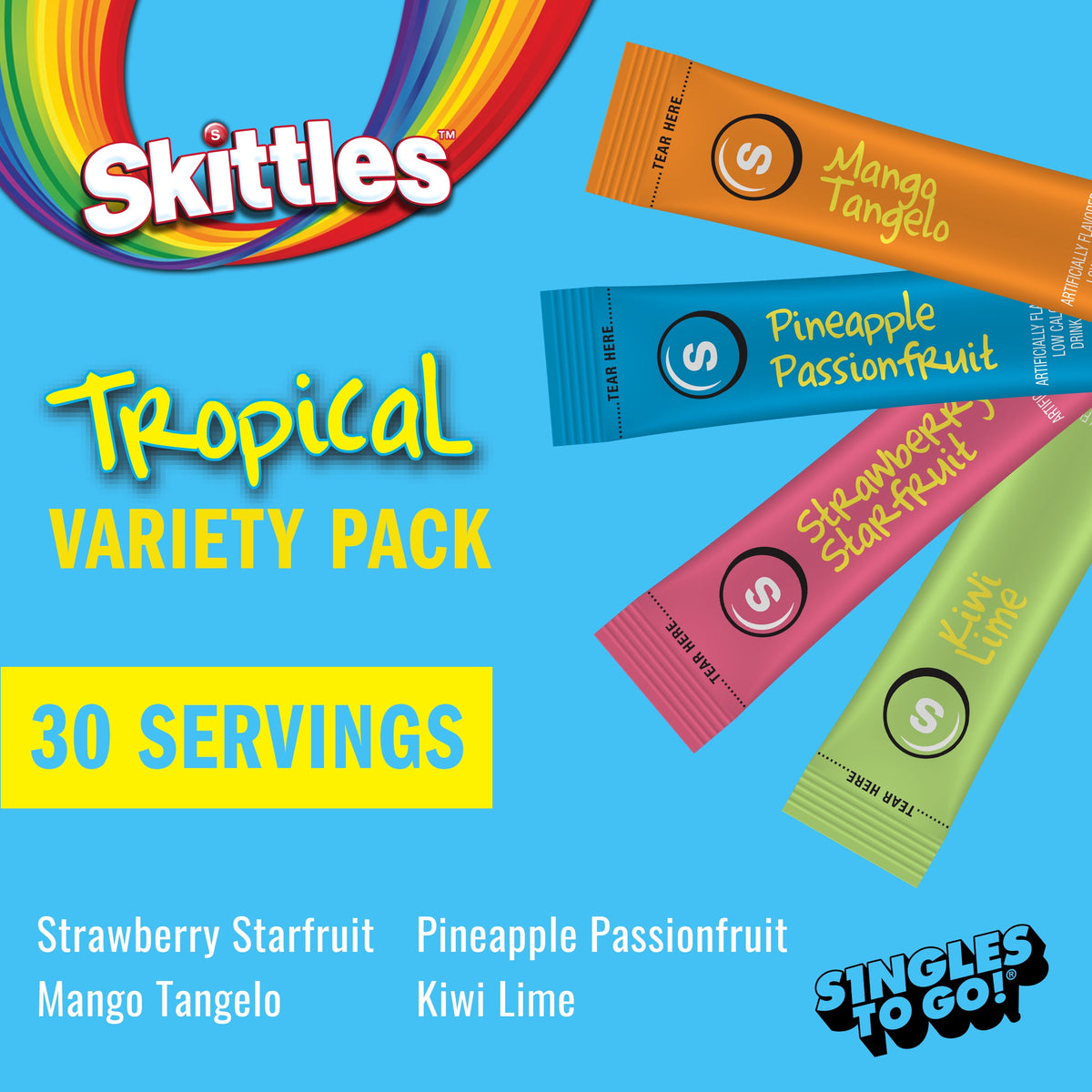 Skittles Zero Sugar Tropical Variety Pack Singles-to-Go Powdered Drink Mix 30 Count